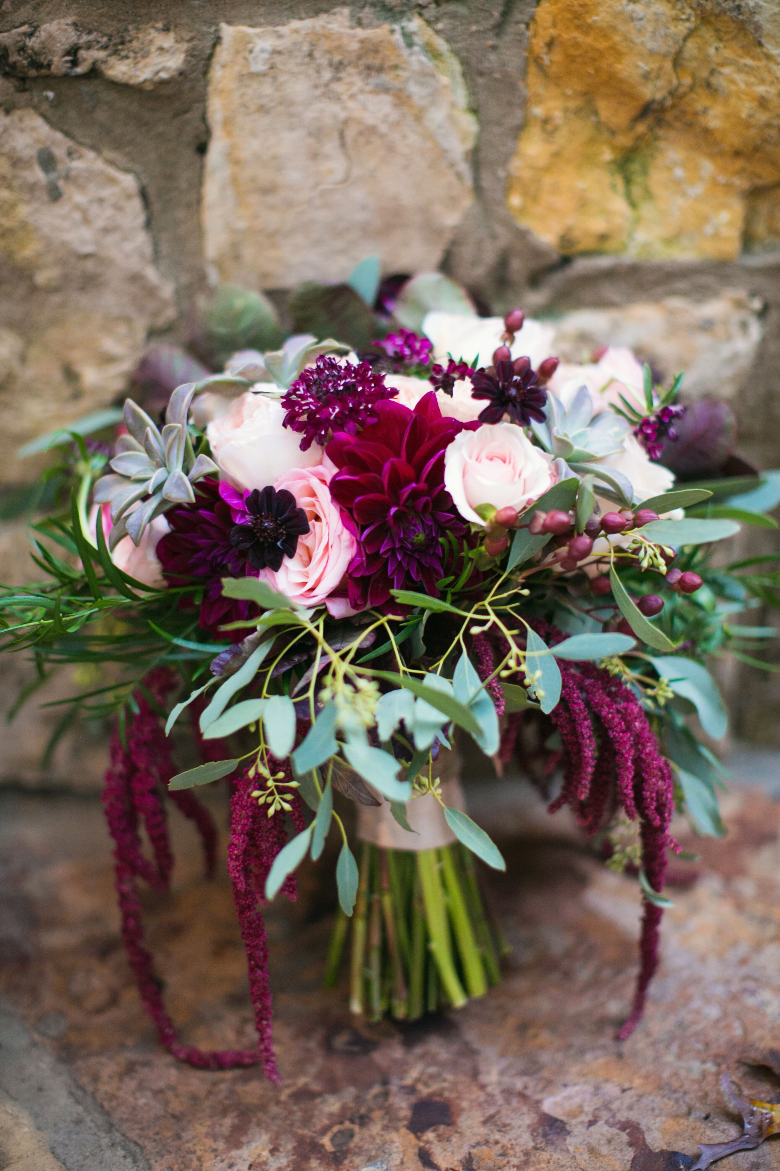 Maroon and Blush Bridal Bouquet with Kale