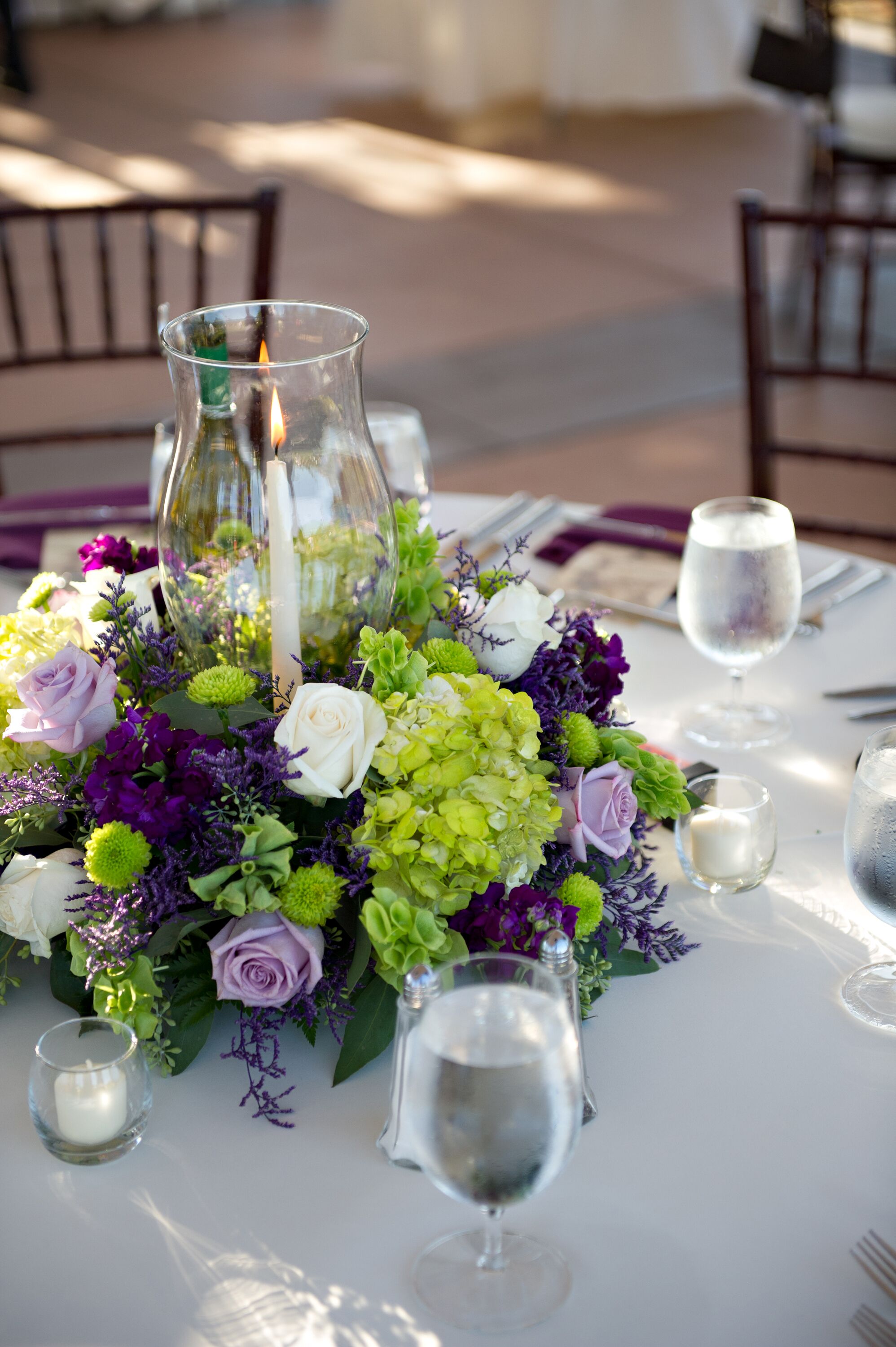 Purple, Green and White Flower Centerpieces