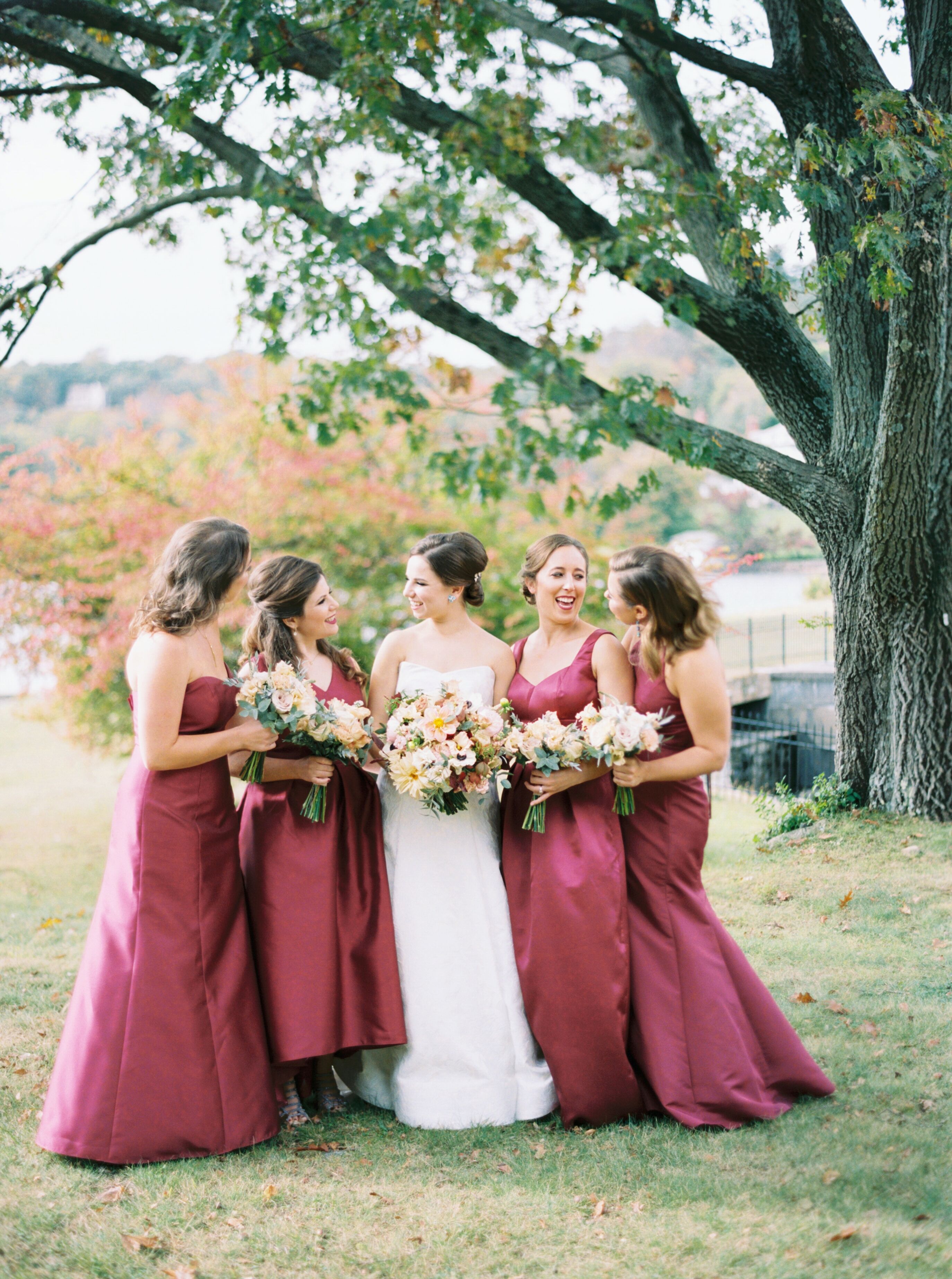 Classic Bridesmaids in Burgundy Dresses for Fall