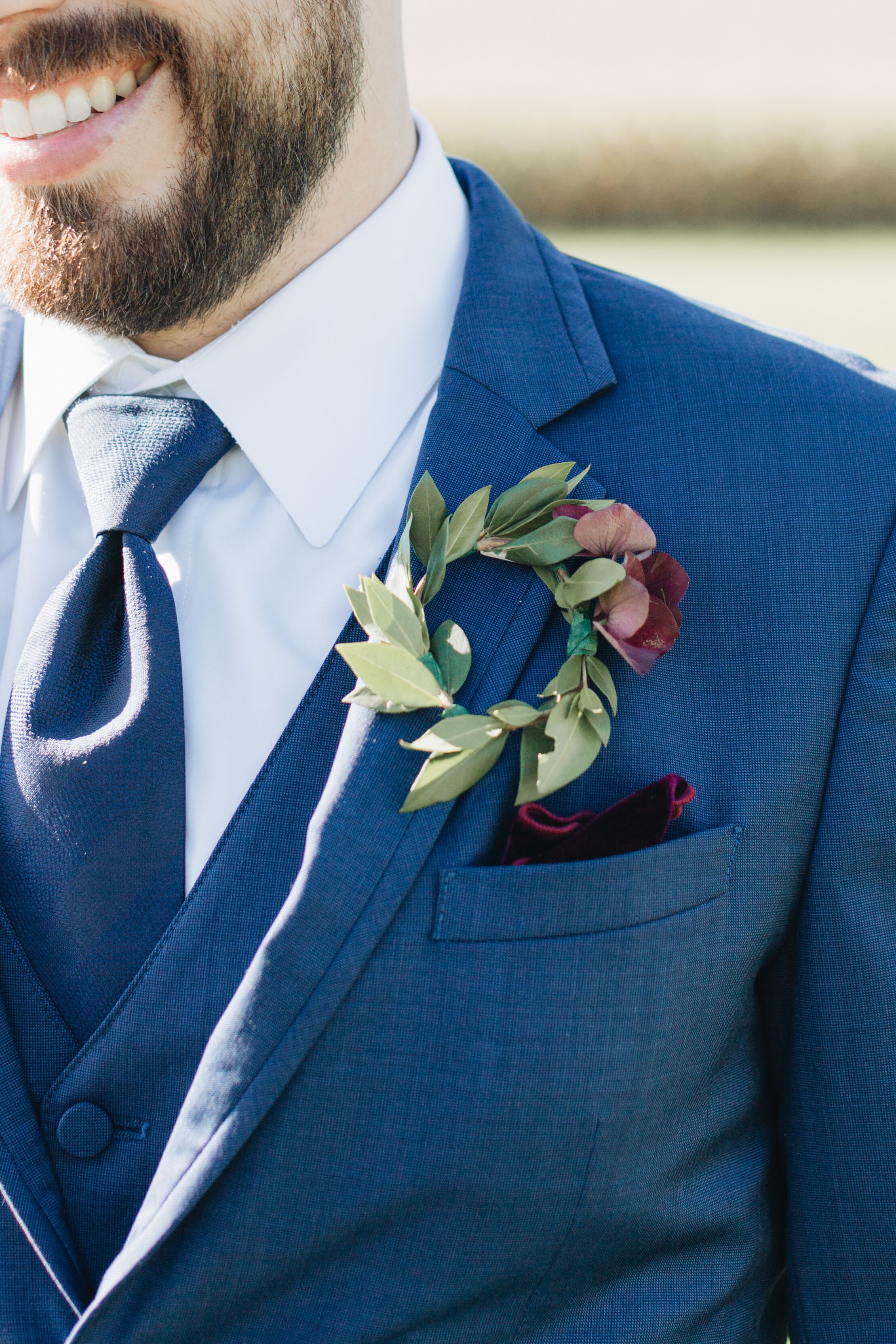 Greenery Wreath Boutonniere and Burgundy Pocket Square