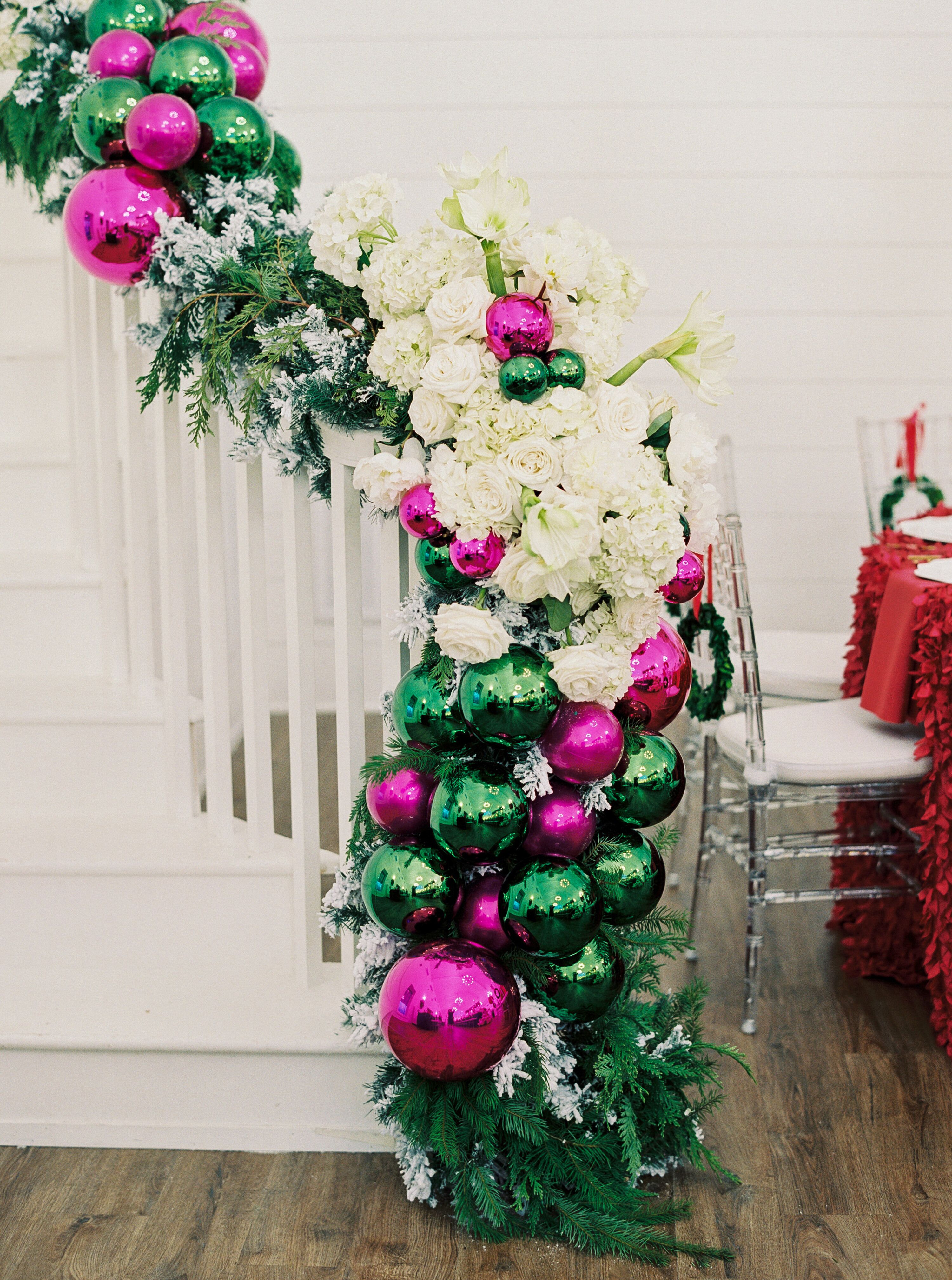 Vibrant and Colorful Christmas Handrail Garland With Ornaments and Flowers