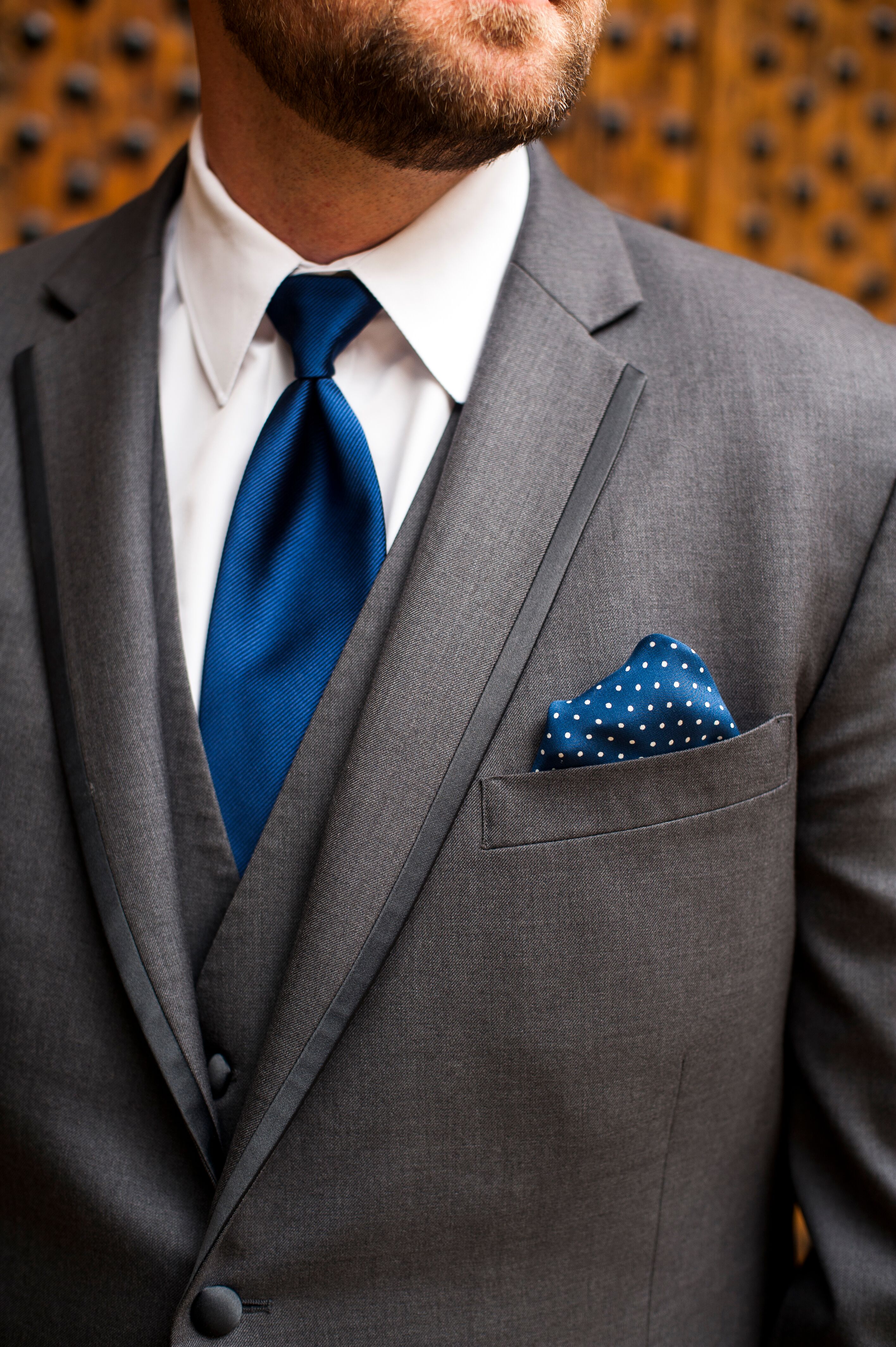 Gray Tuxedo With Navy Tie and Pocket Square