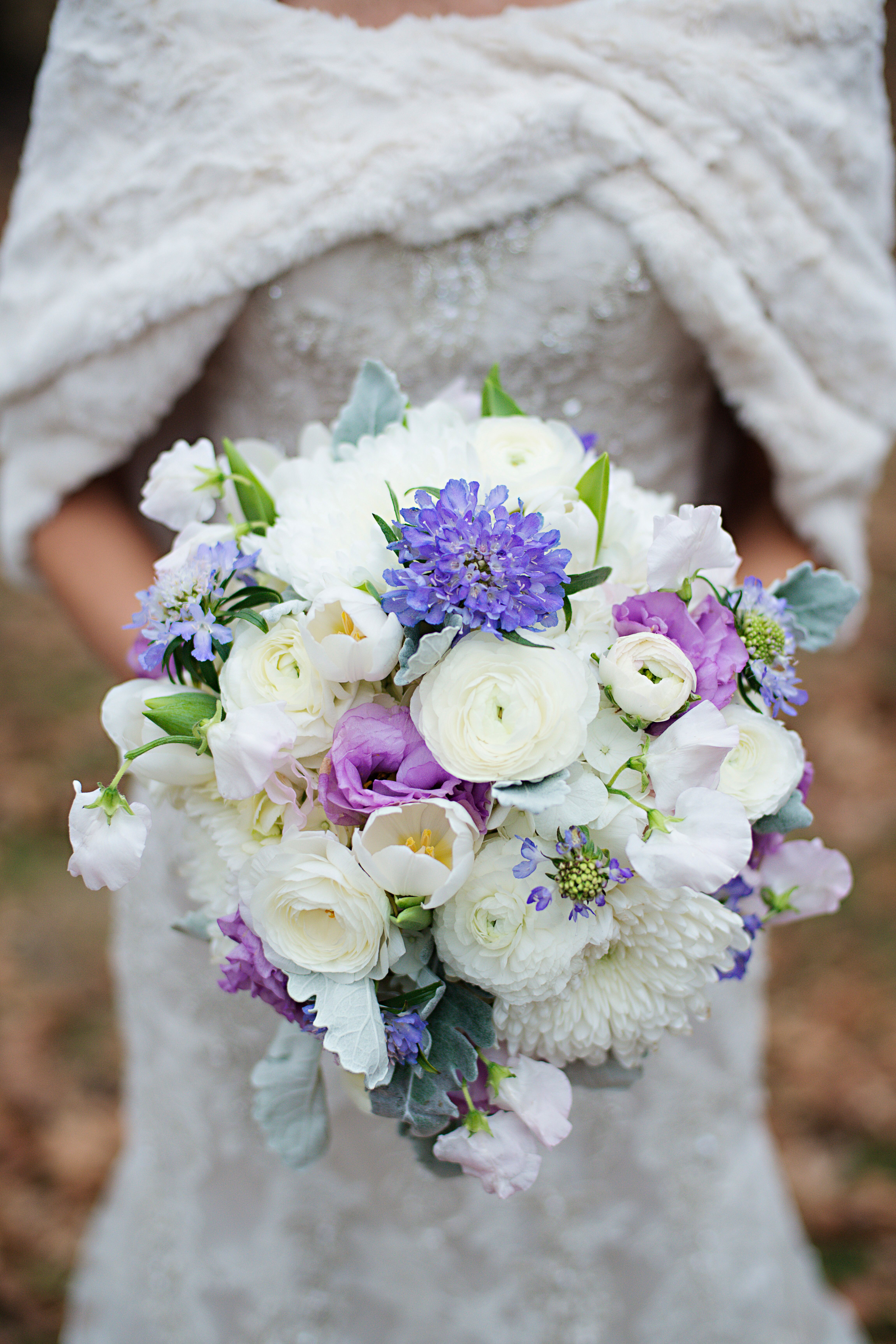 Purple, White Scabiosa And Ranunculus Bouquet