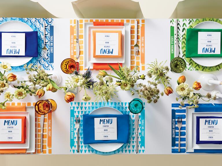 Blue orange and green personalized place settings