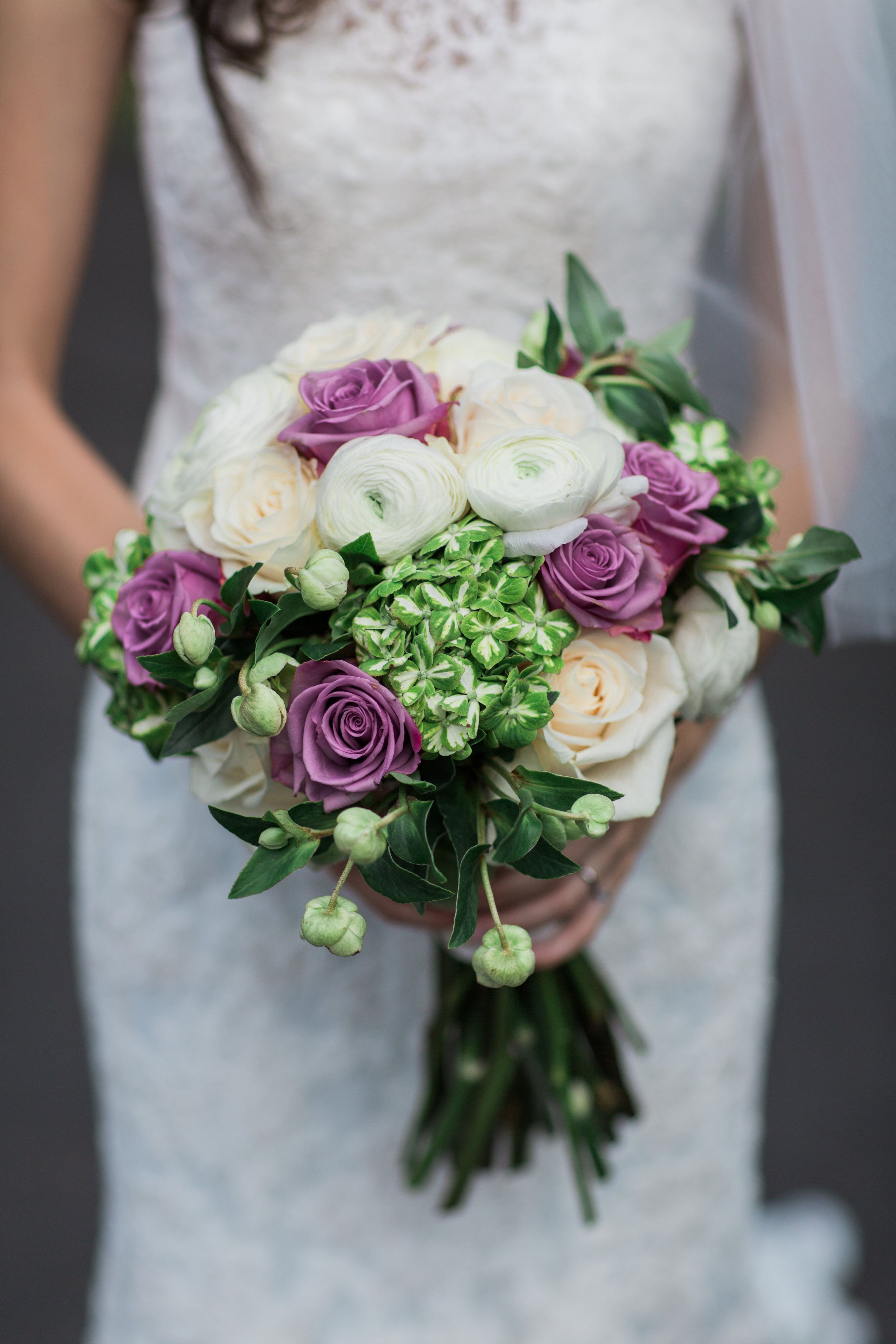 White Ranunculus Bouquet With Lavender Roses