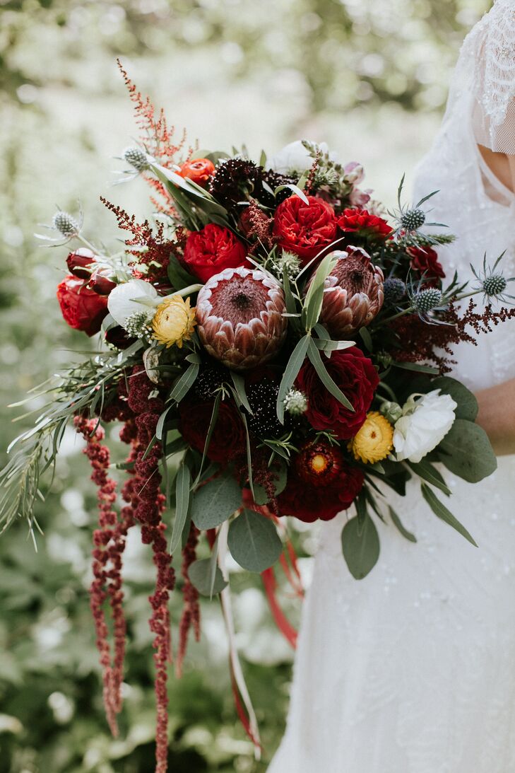 Rustic Burgundy Protea and Thistle Bouquet