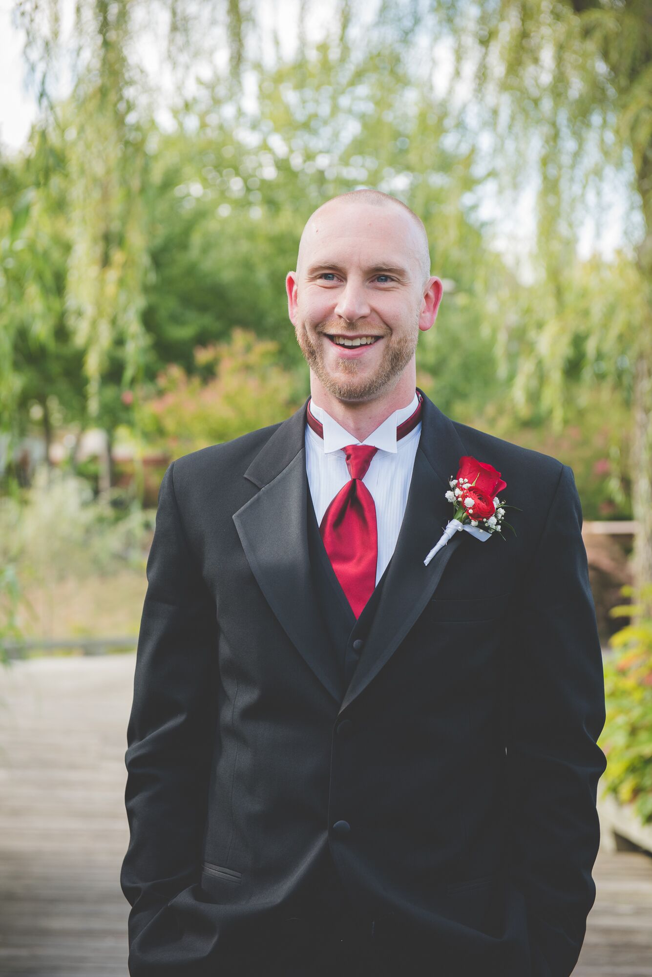 red tie suit