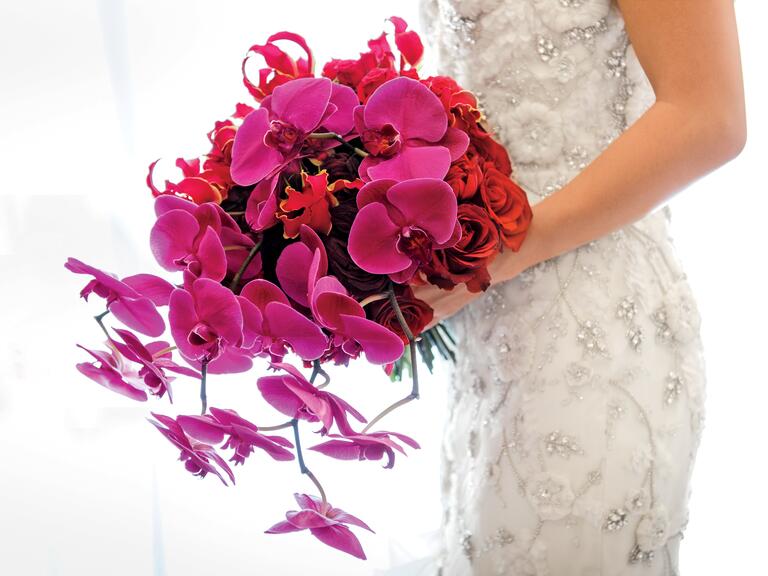 Radiant orchid cascading bridal bouquet