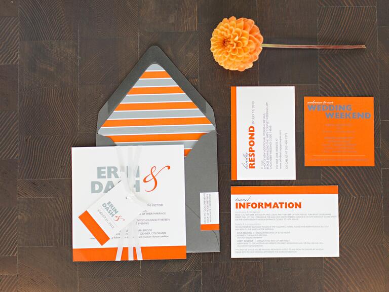 Modern gray and orange wedding invitation suite
