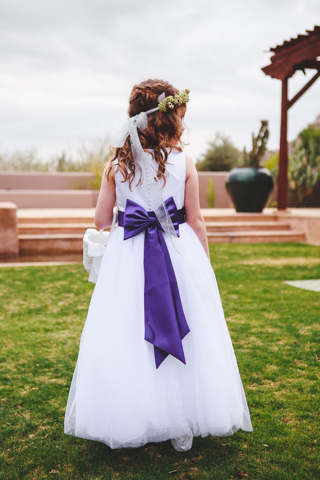 White Flower Girl Dress With Purple Satin Sash