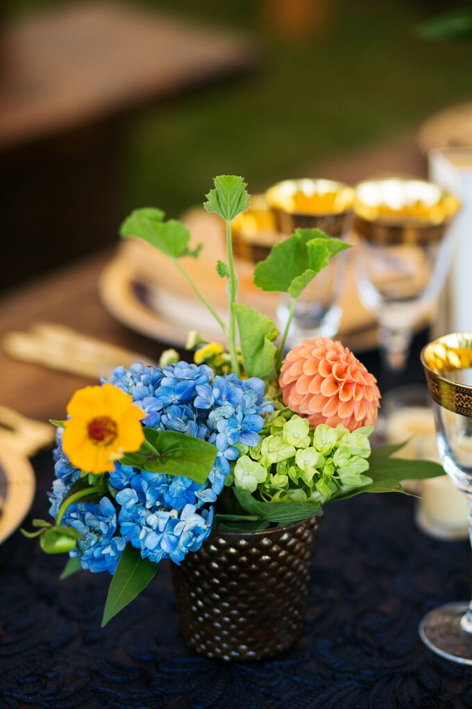 Blue Hydrangea and Orange Dahlia Centerpiece