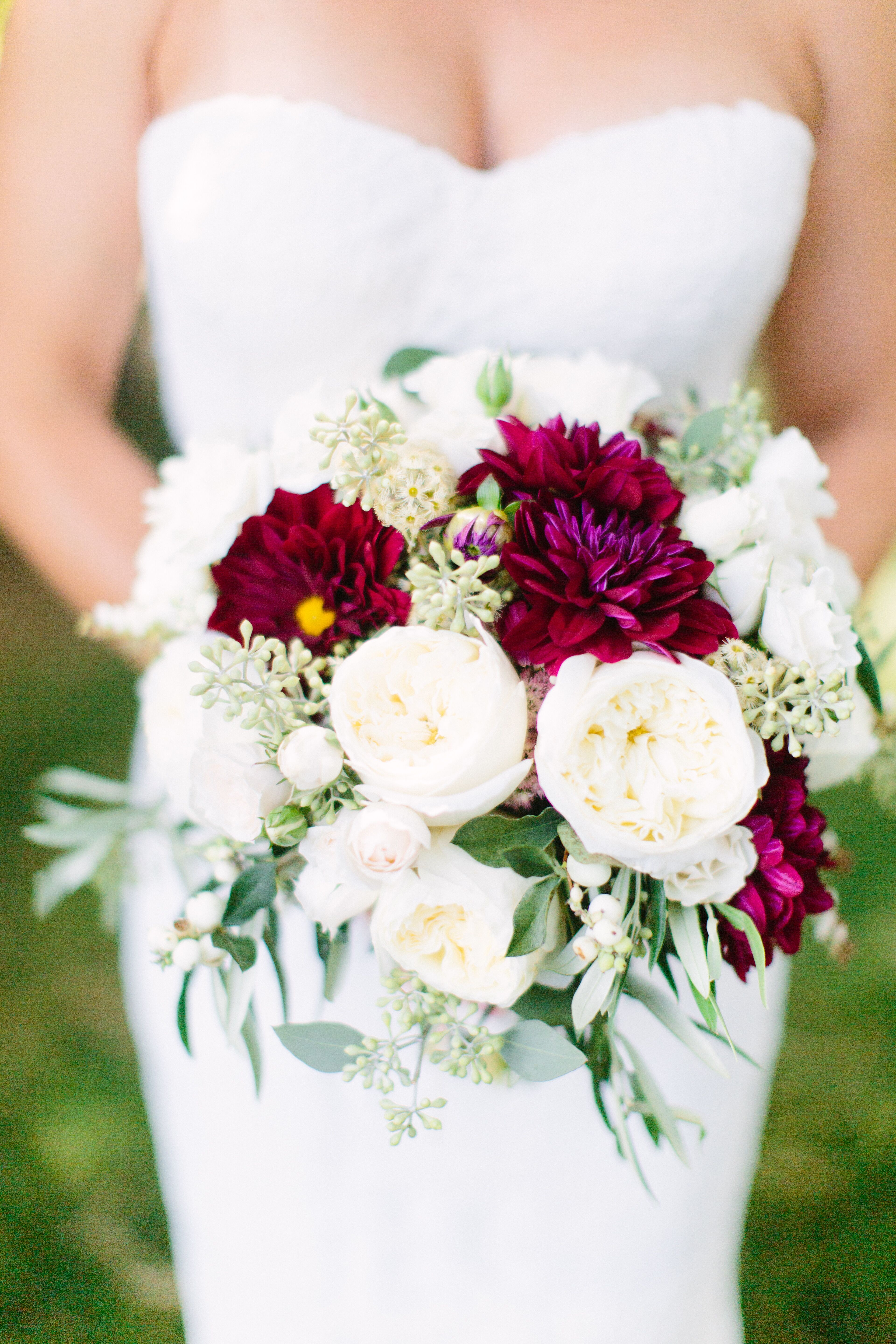 Burgundy and white wedding dress sale