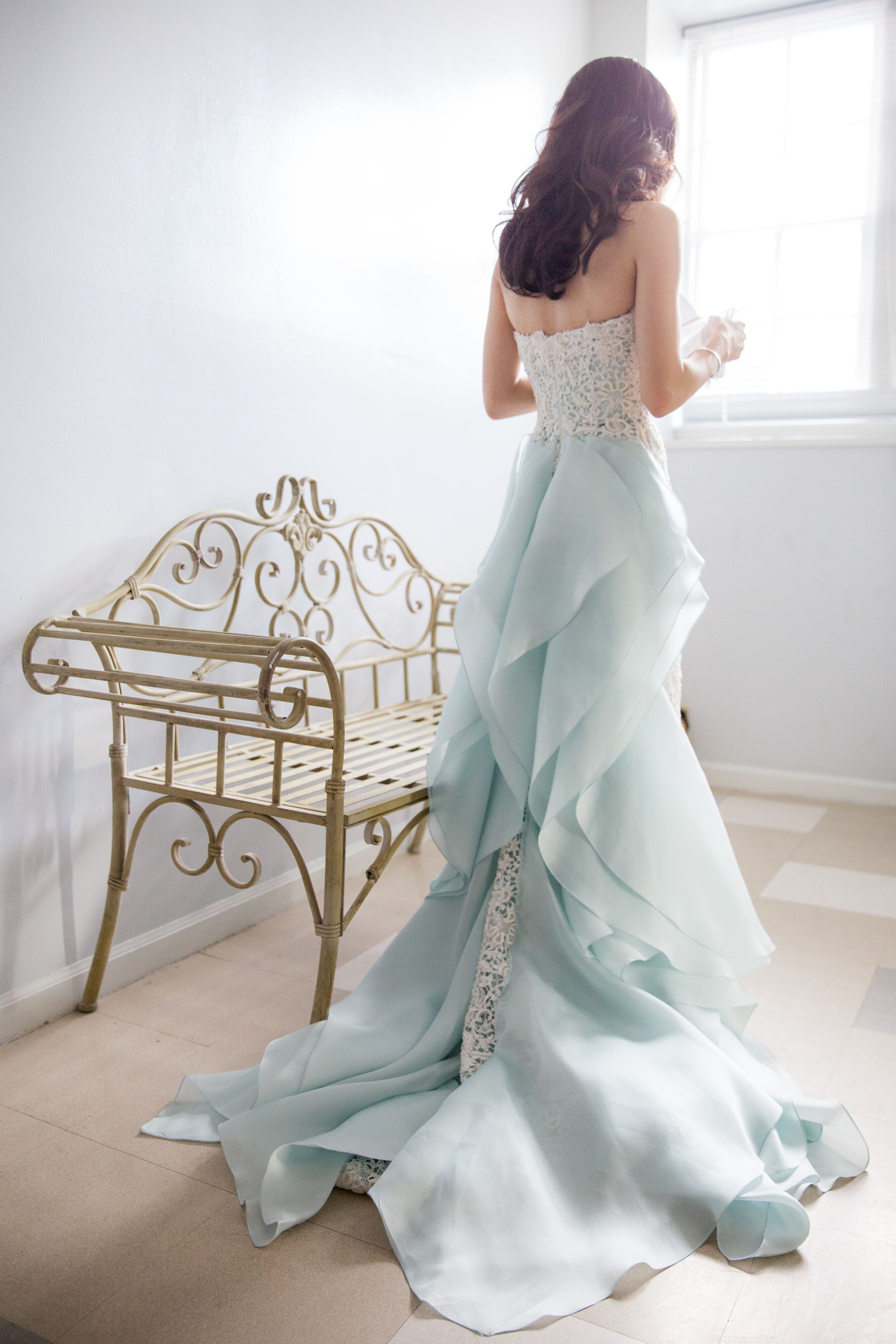 la Renta Blue and White Wedding Dress