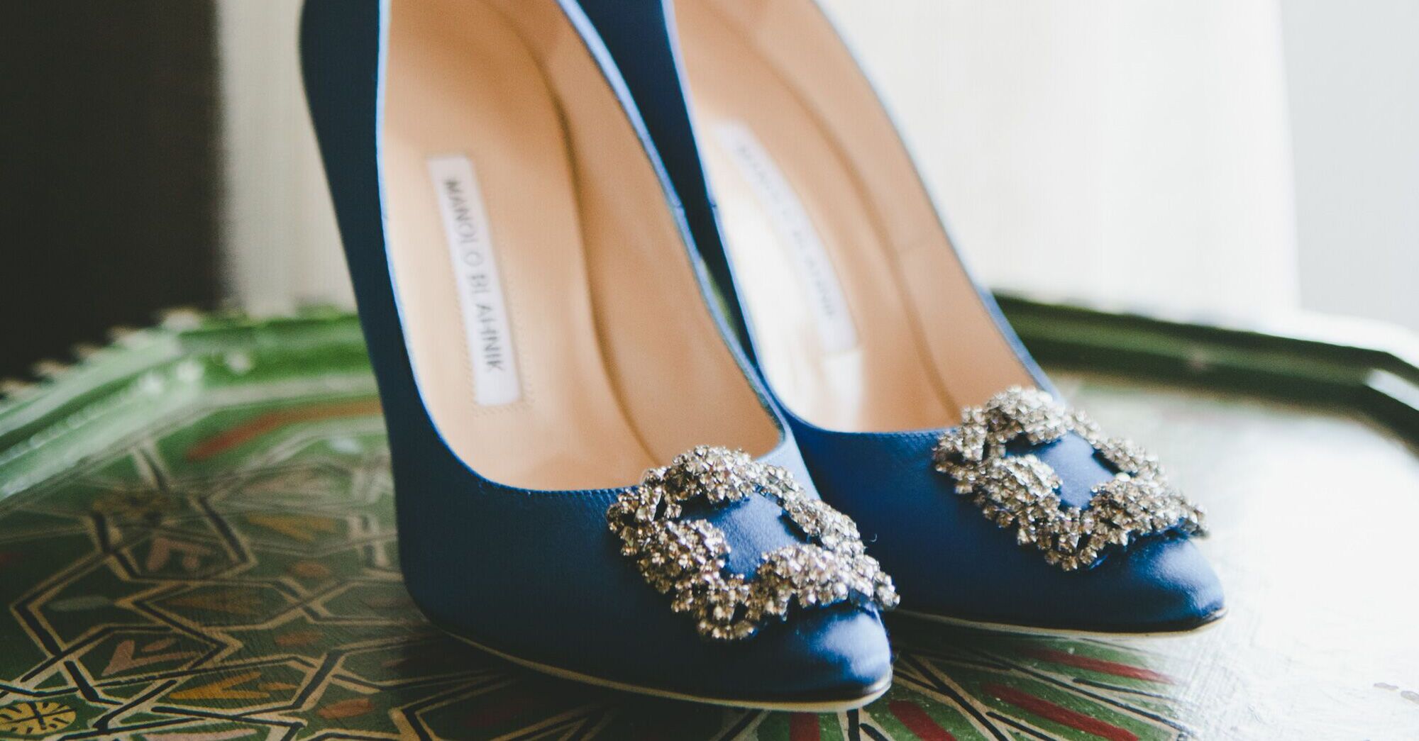 Blue Gold French Silk Pointy toe Pump High Heel Shoe with Bow and Rhinestones 