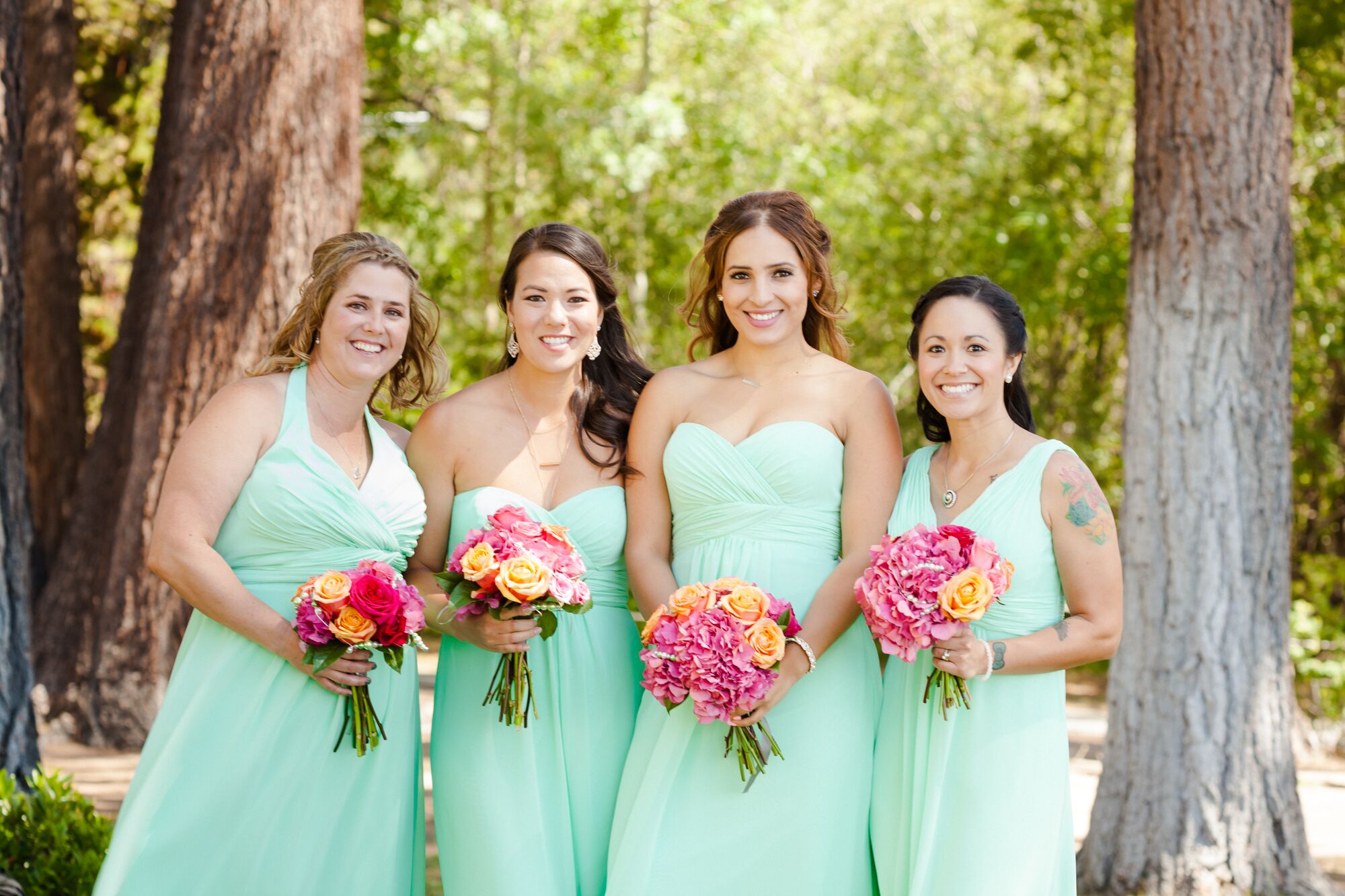 hot pink and green bridesmaid dresses