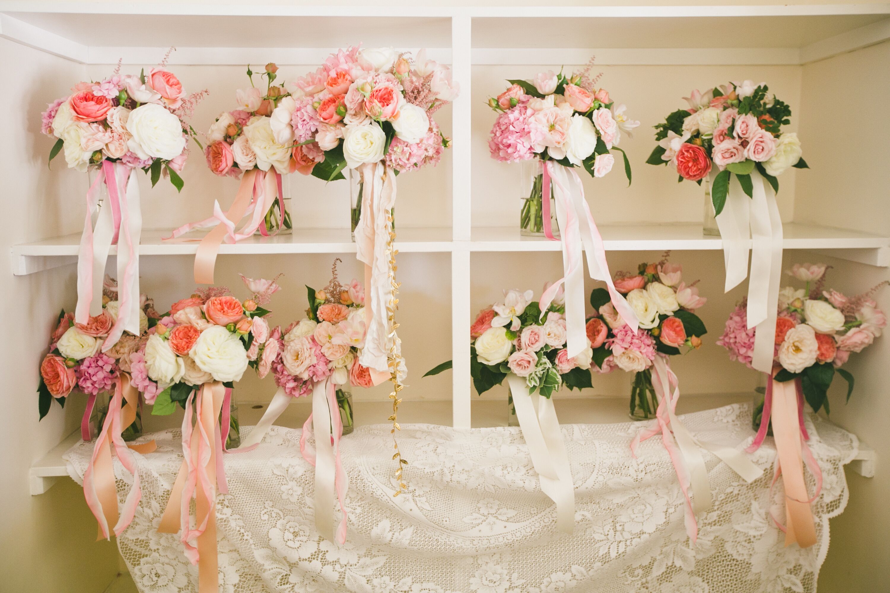 Pastel-Colored Flower Bouquets With Ribbon