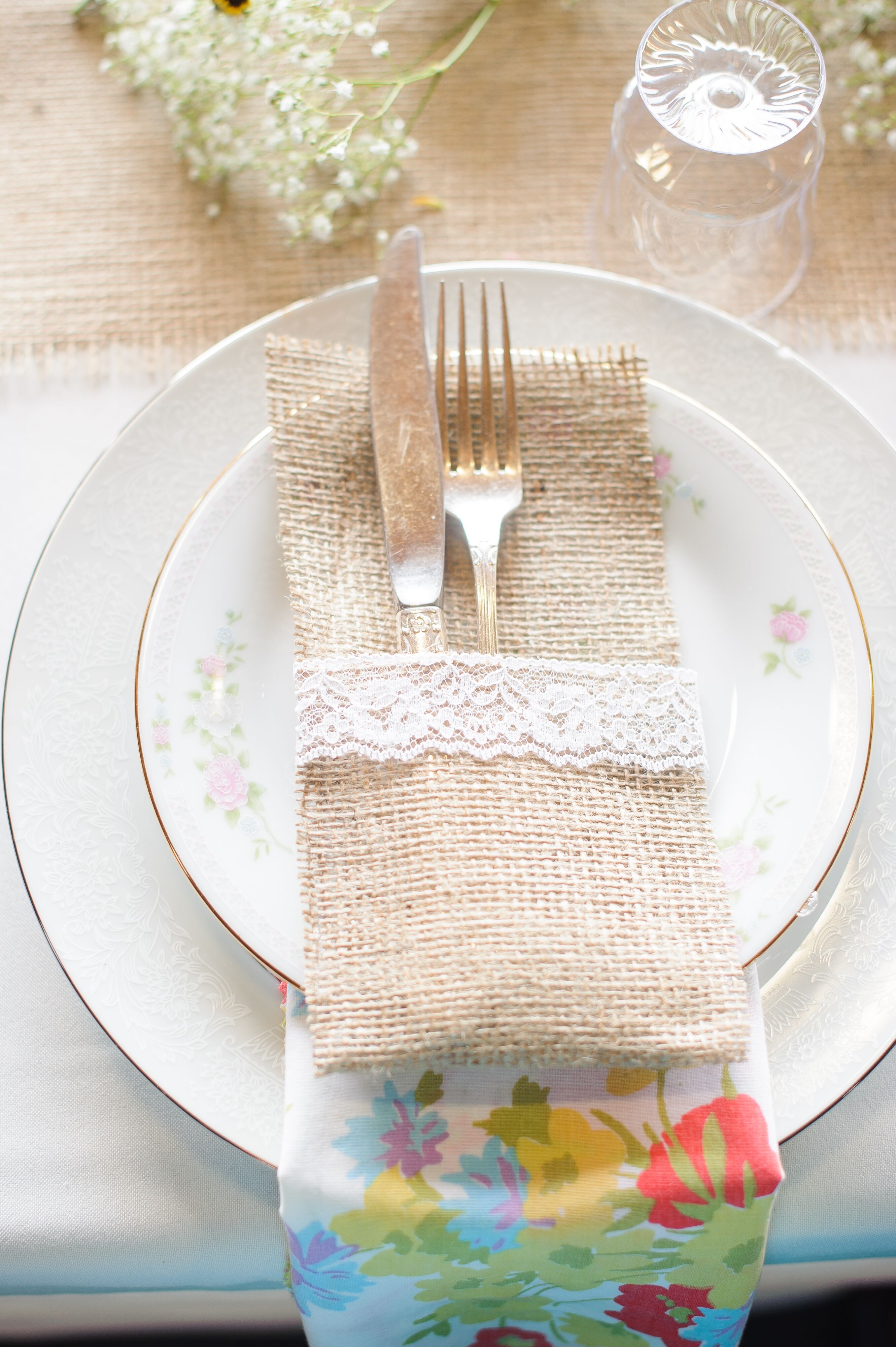 Burlap And Lace Place Settings With Floral Napkins