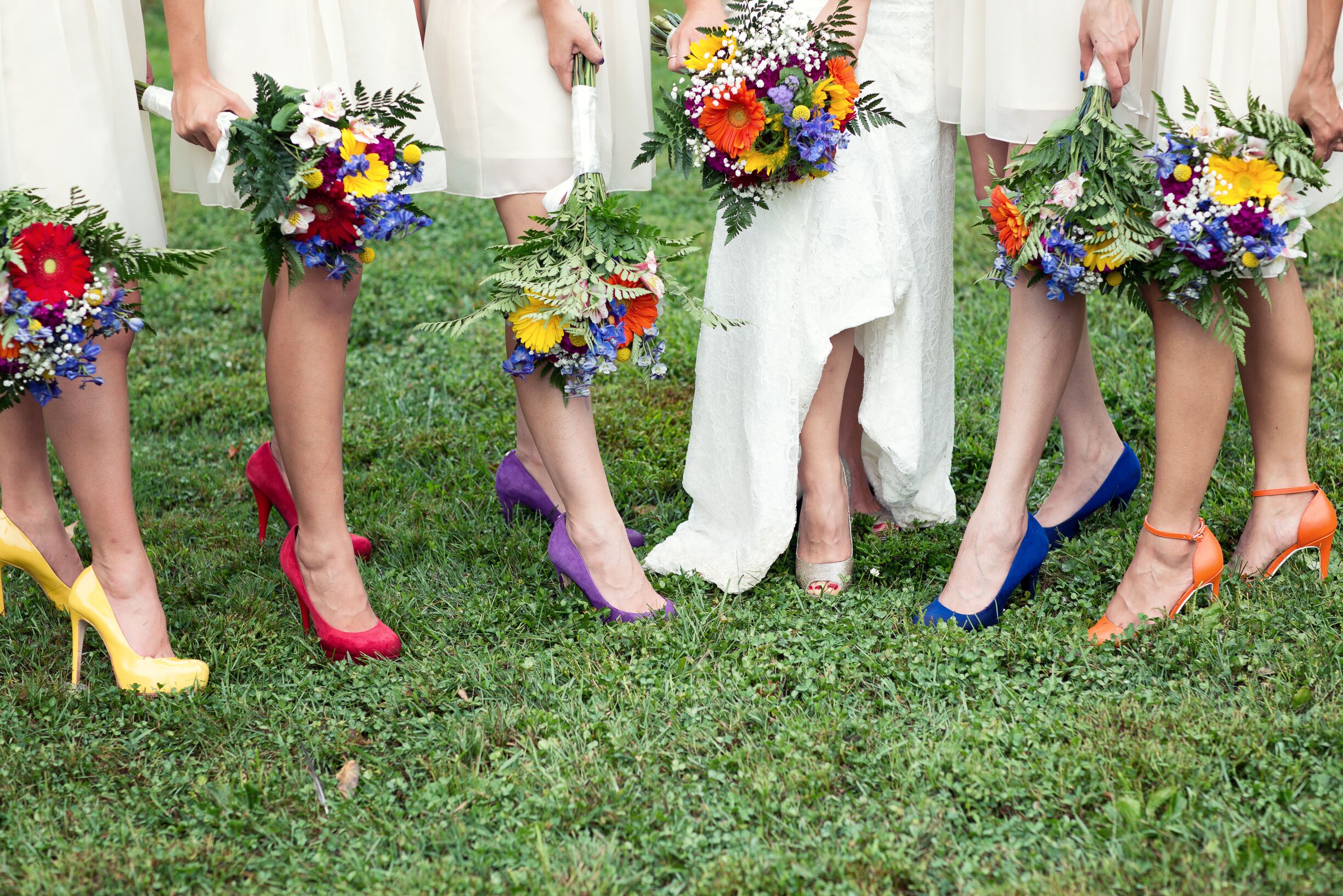 The Bridesmaids' Rainbow Shoes and Colorful Bouquets
