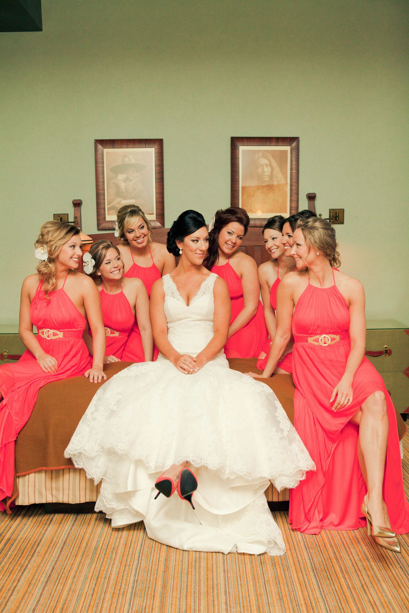 Bridesmaids in Coral Bridesmaid Dresses