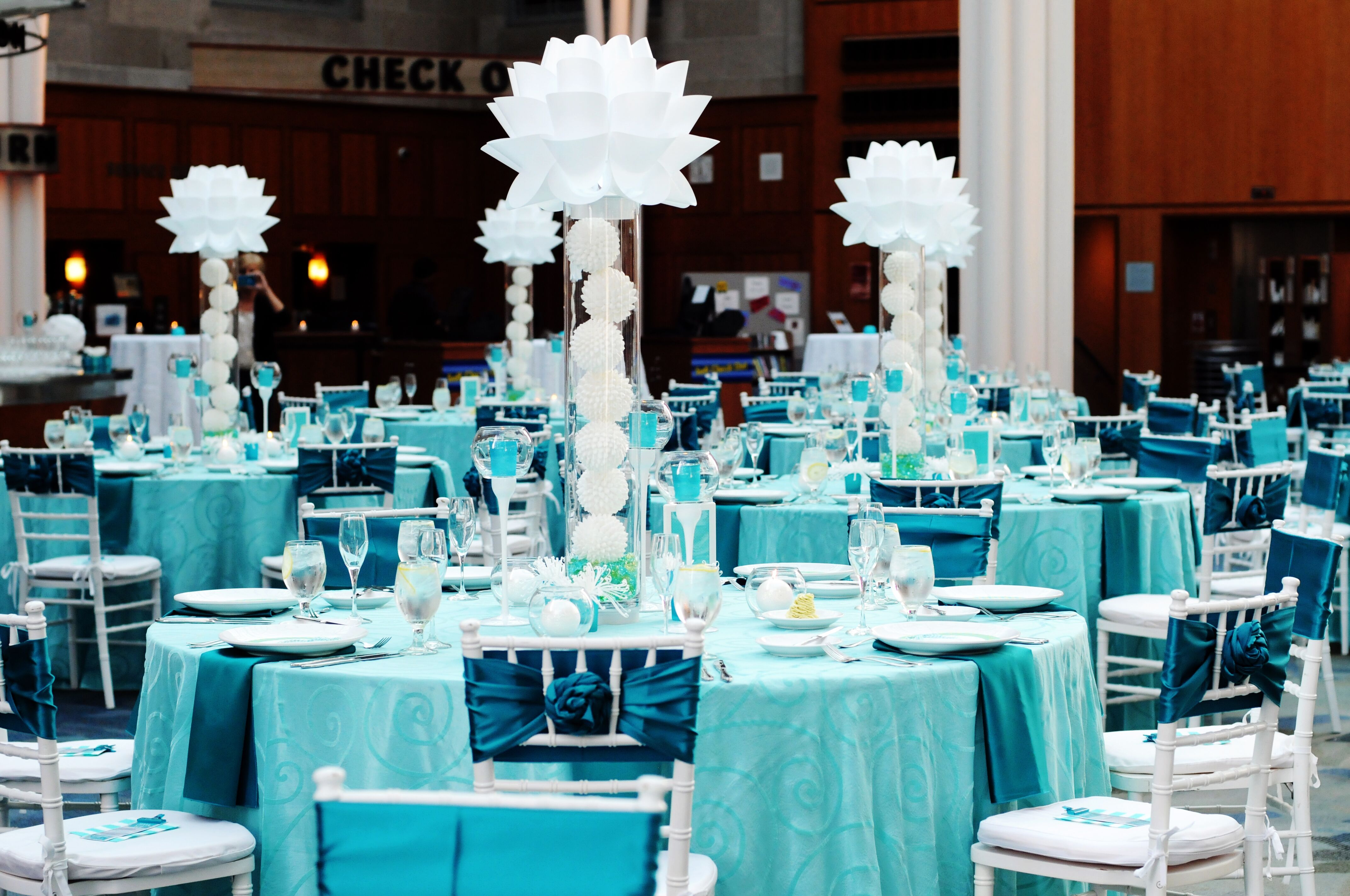 Bold Turquoise Reception with Modern Centerpieces