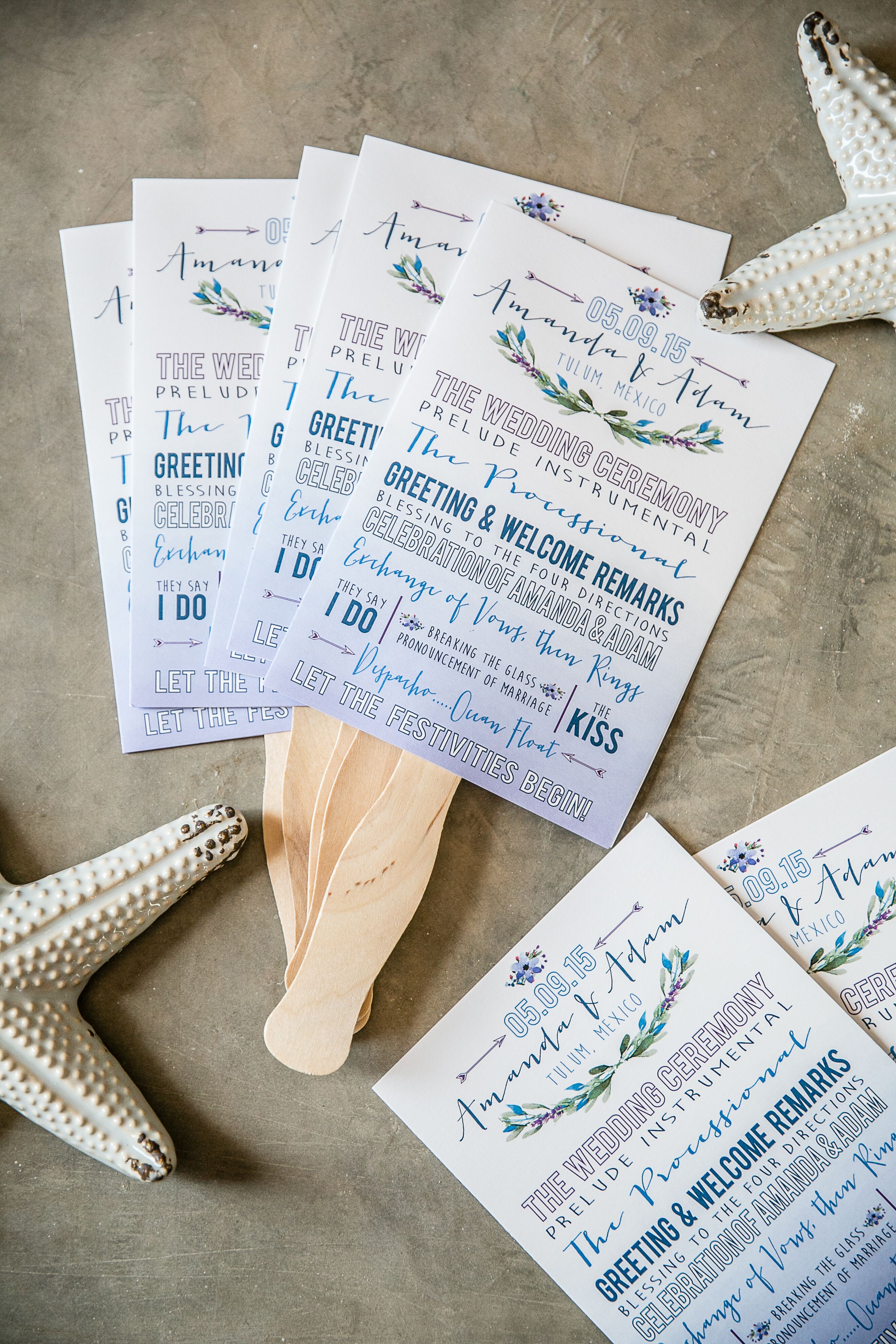 Whimsical Blue Calligraphy Ceremony Program Fans