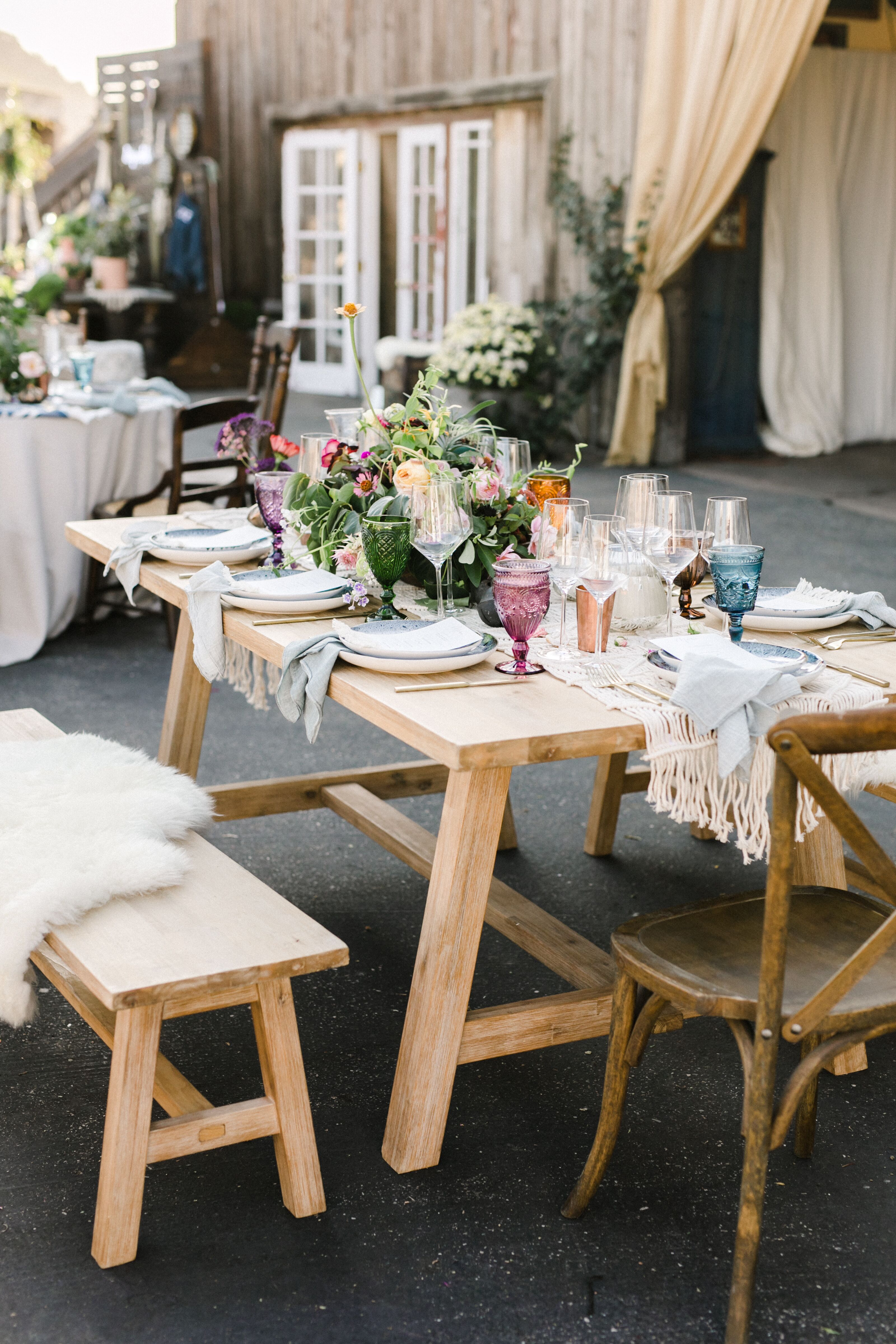 Small Wood Dining Table with Cross-Back Chairs, Benches and Colorful ...