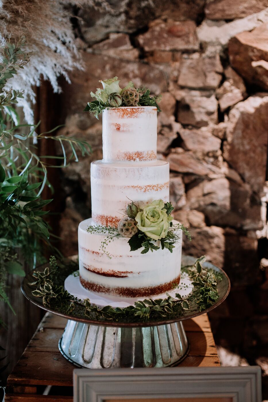 Naked Cake Accented With Scabiosa And A Green Rose