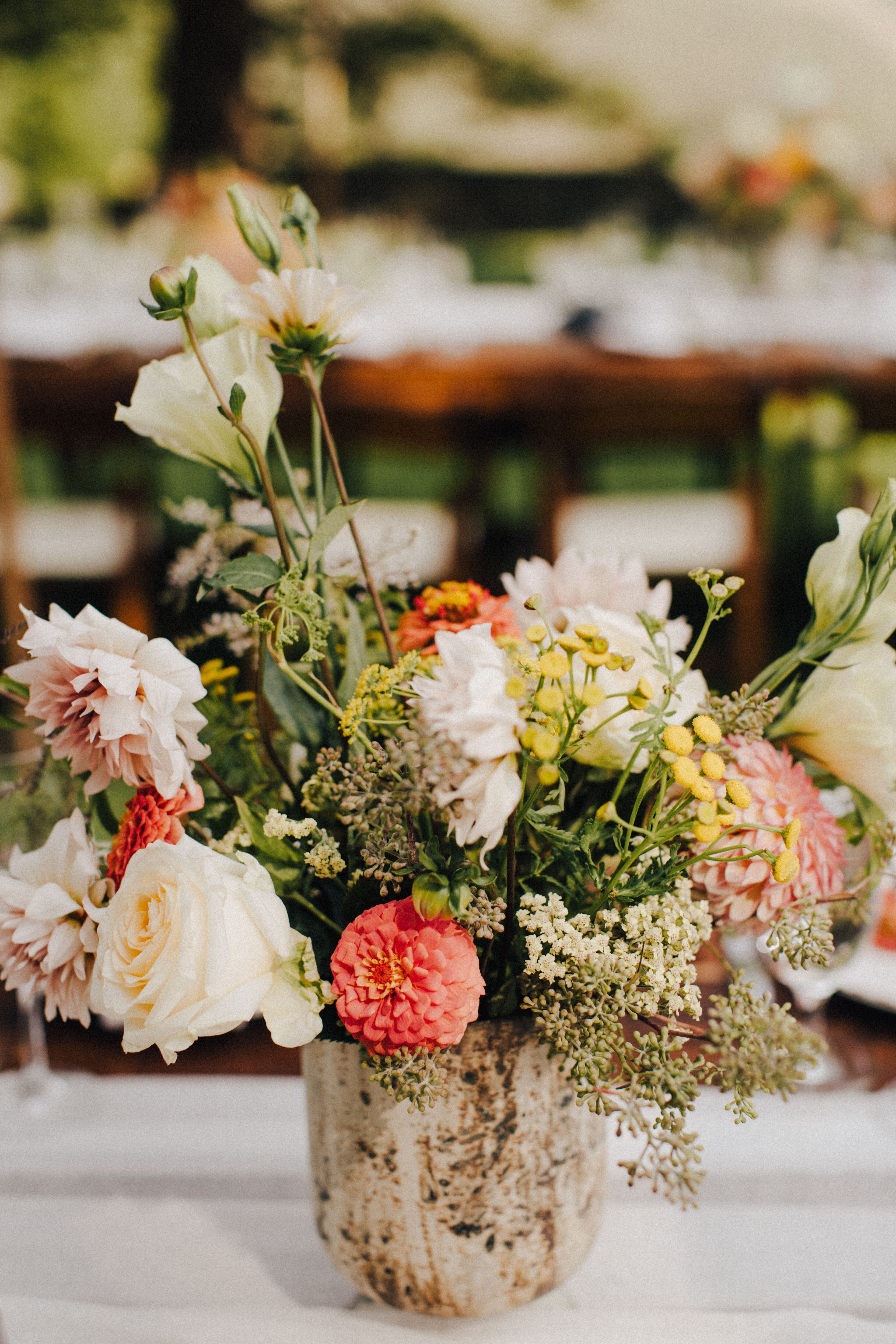 Rustic Centerpieces Of Roses, Dahlias And Wildflowers