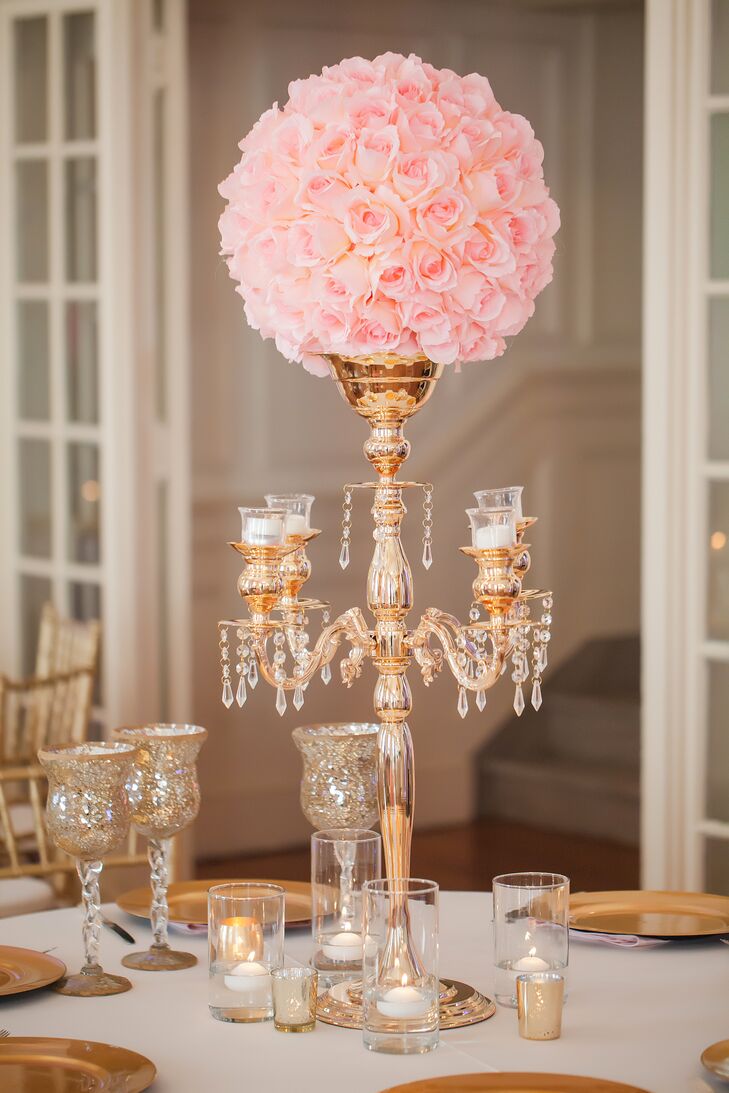 Gold Candelabra, Pink Rose Wedding Reception Centerpiece