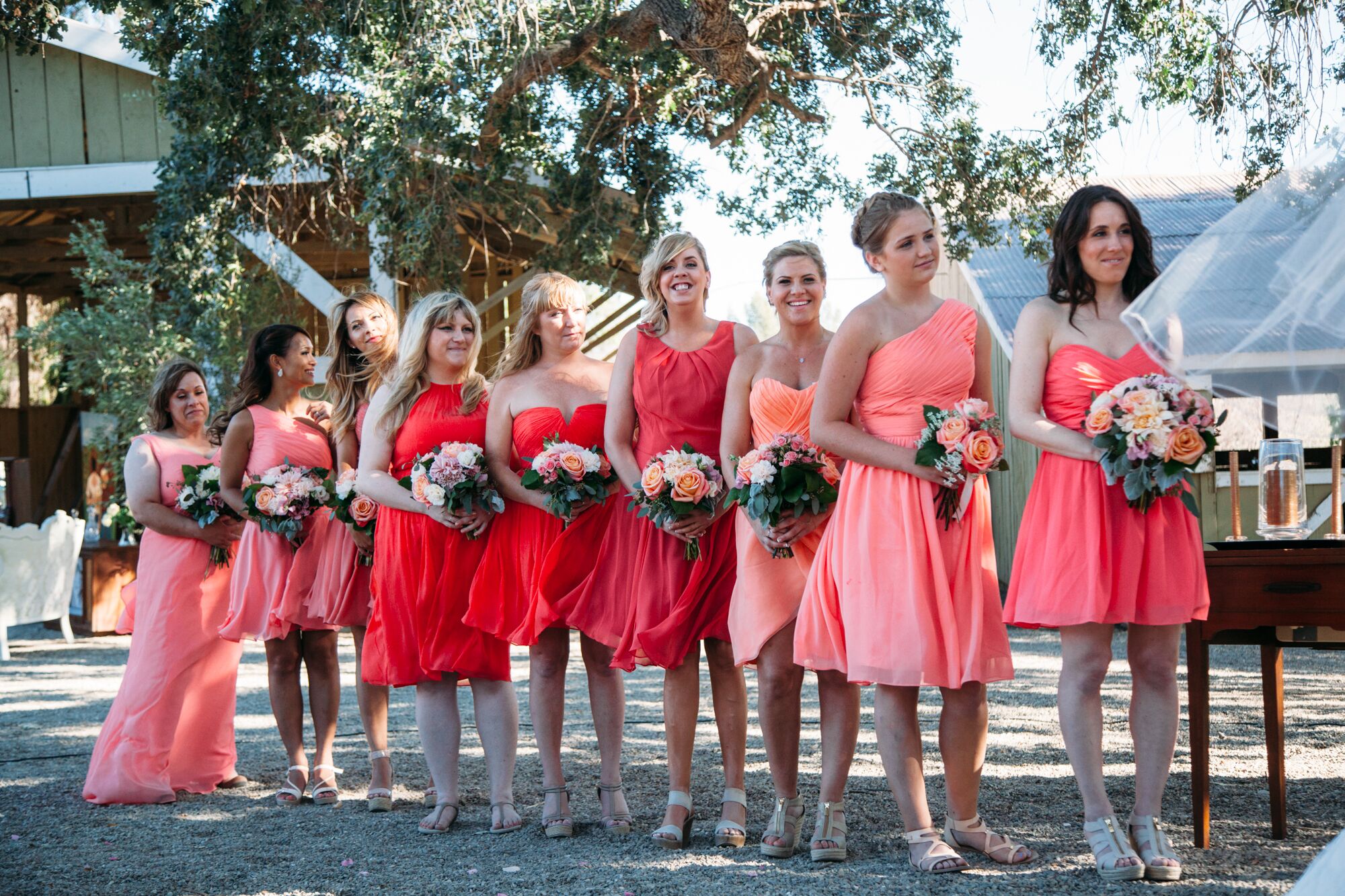 red pink bridesmaid dresses