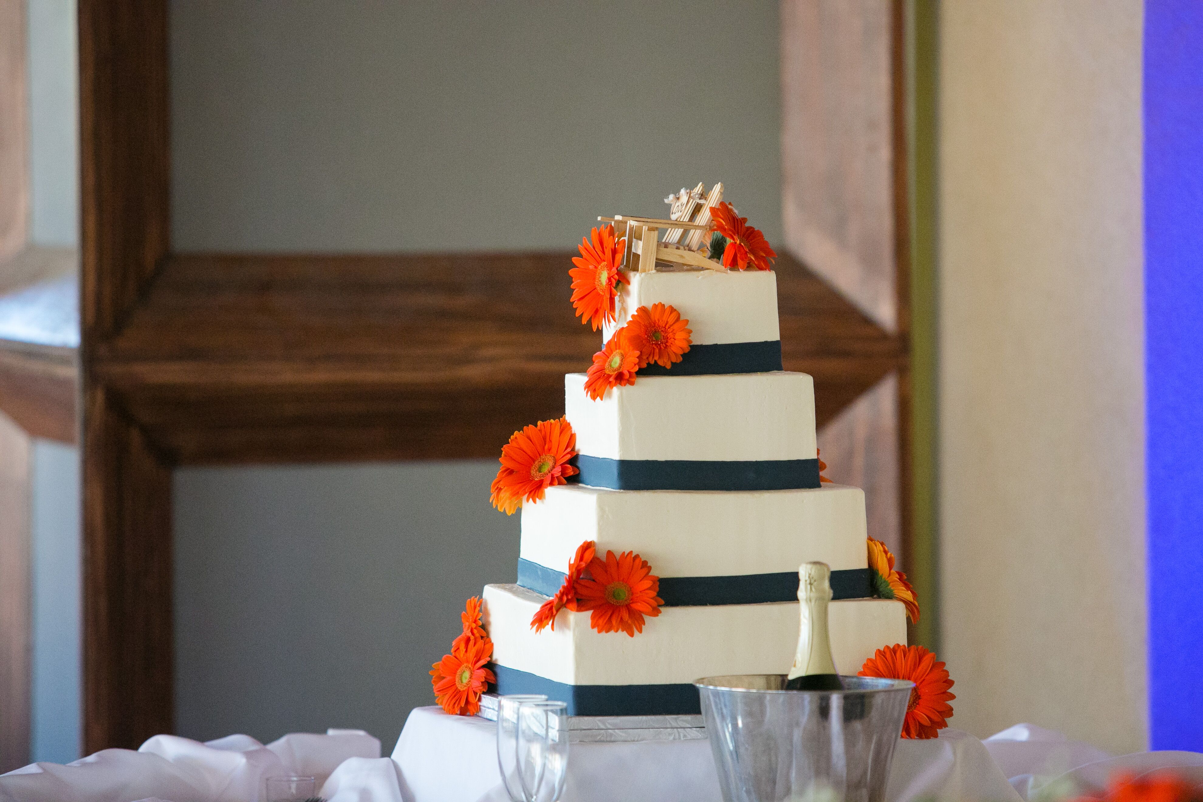 Orange Navy White Square Wedding Cake