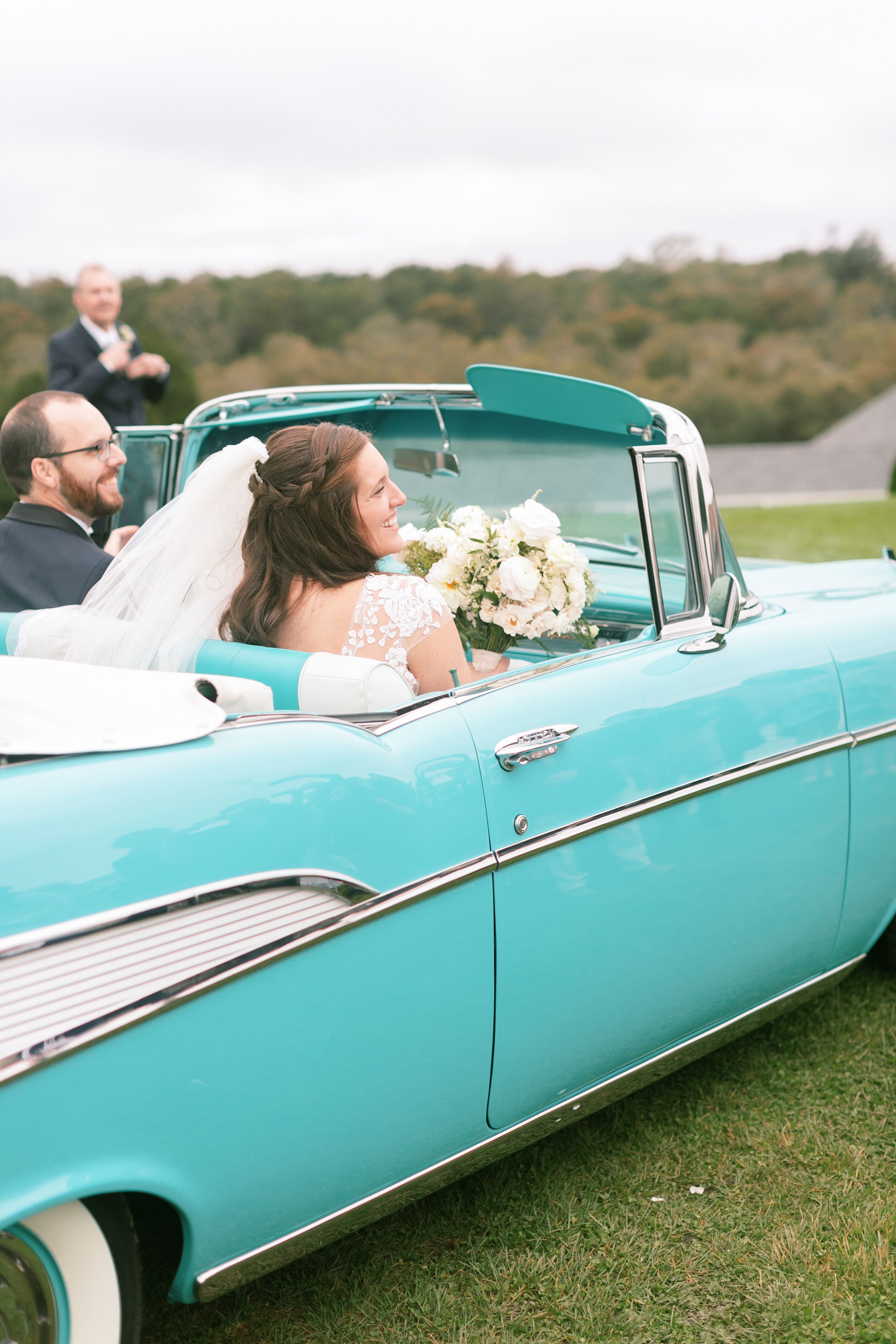 Couple in Teal Antique Getaway Car on Martha's Vineyard