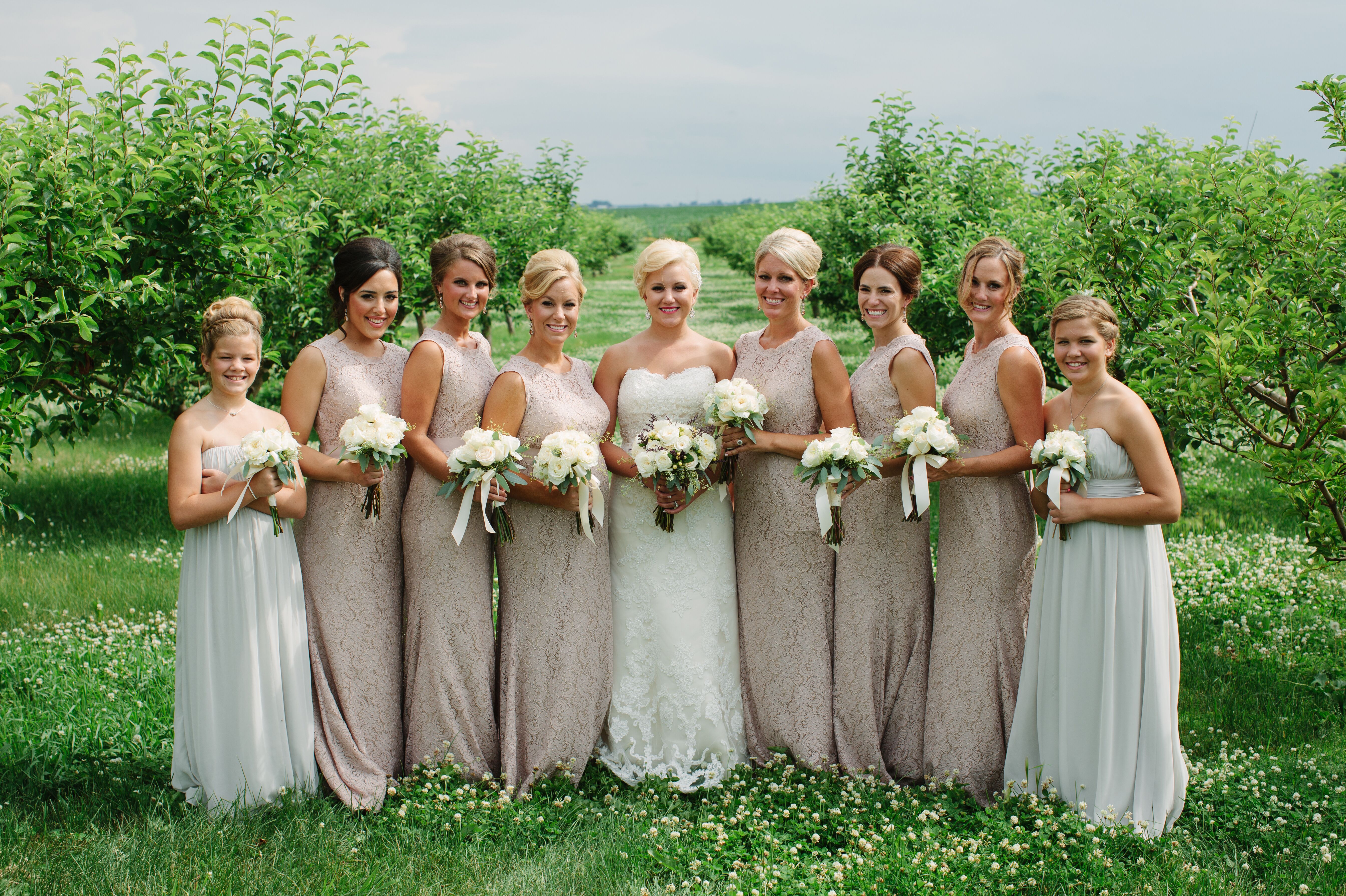 Long Neutral Champagne Lace Bridesmaids Dresses