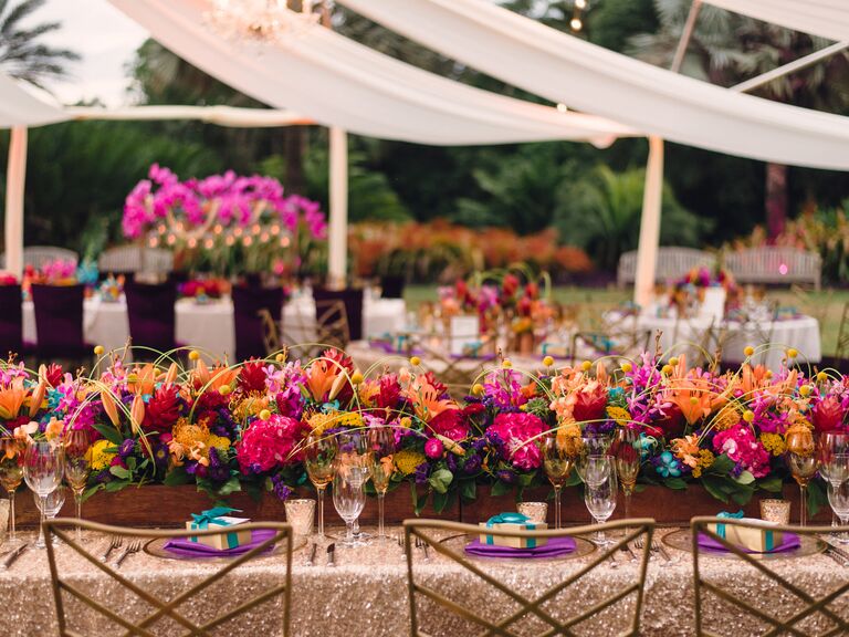 Colorful tented wedding reception decor