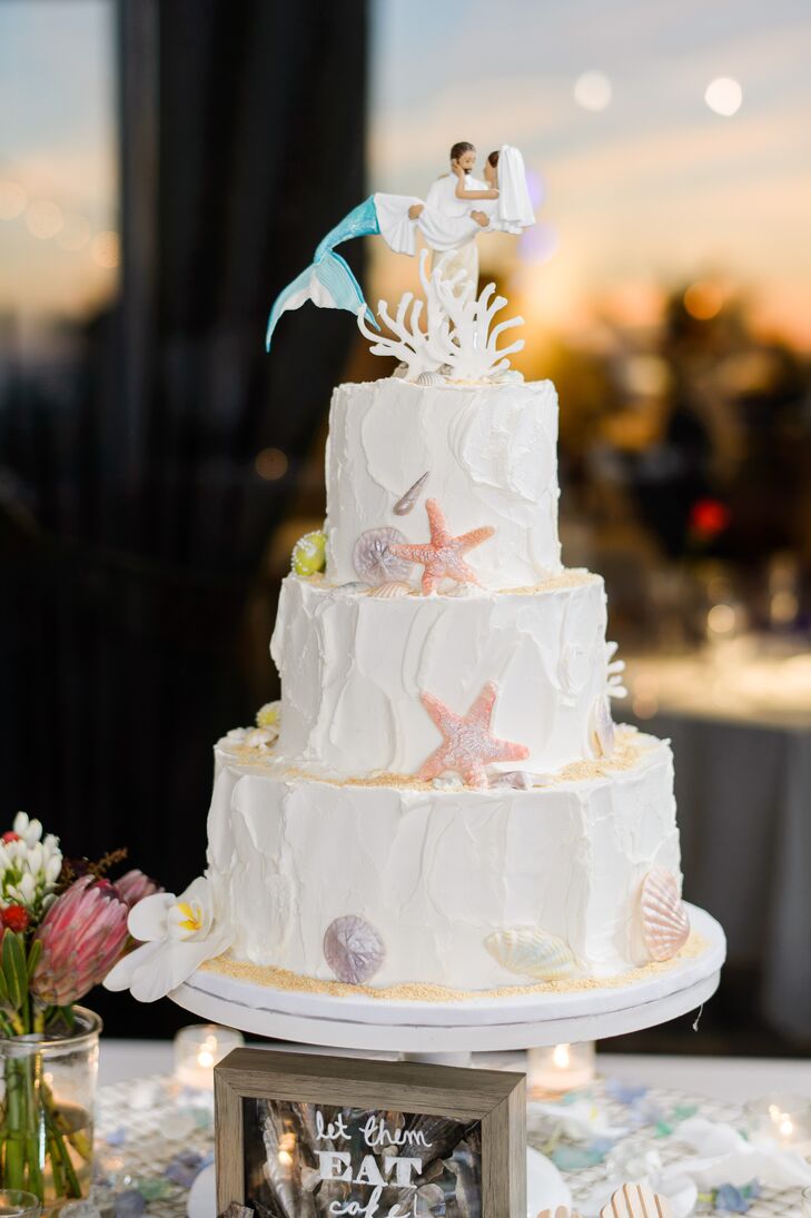 BeachThemed Wedding Cake With Mermaid Cake Topper