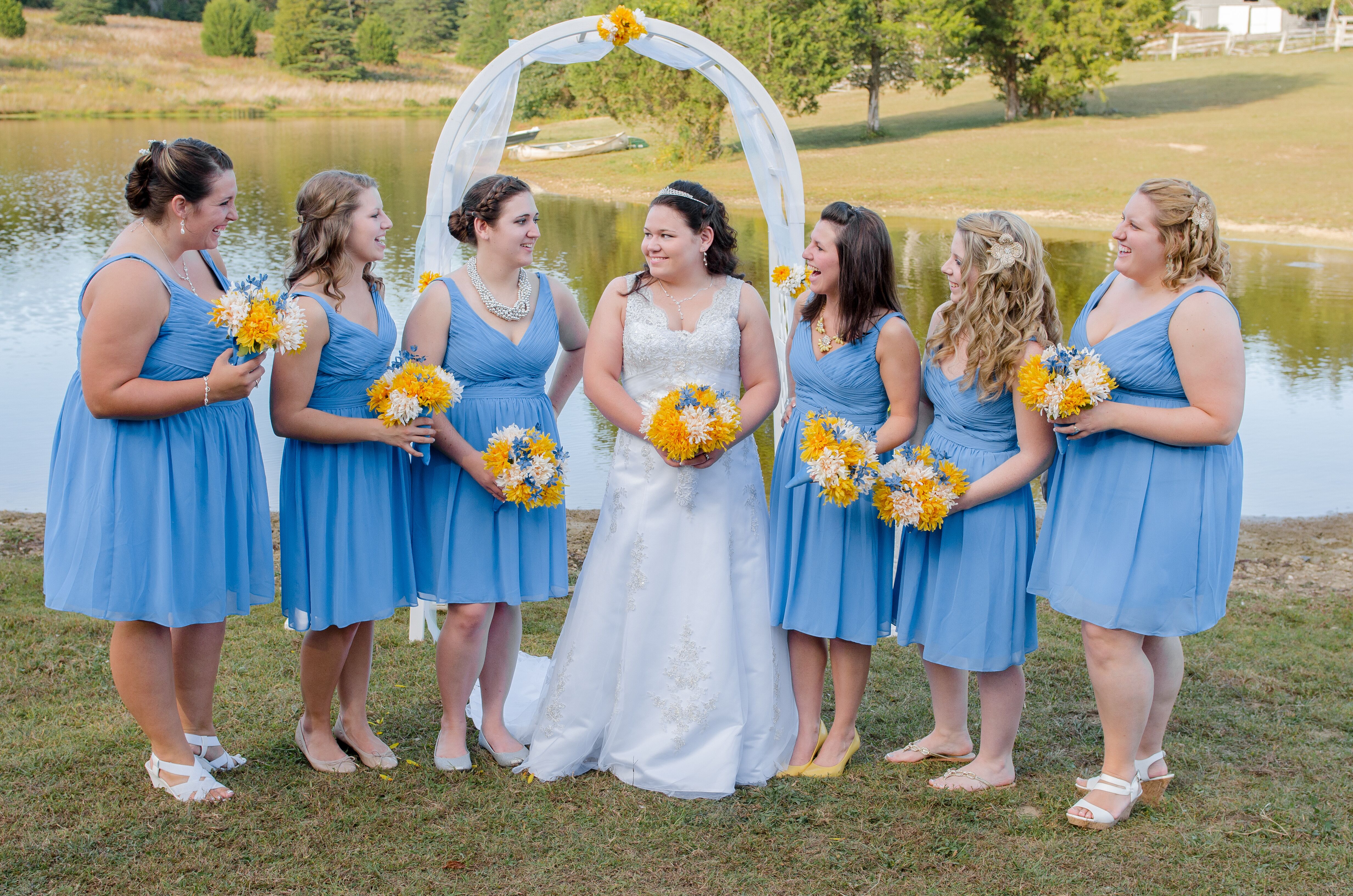 Knee Length Cornflower Blue Bridesmaid Dresses