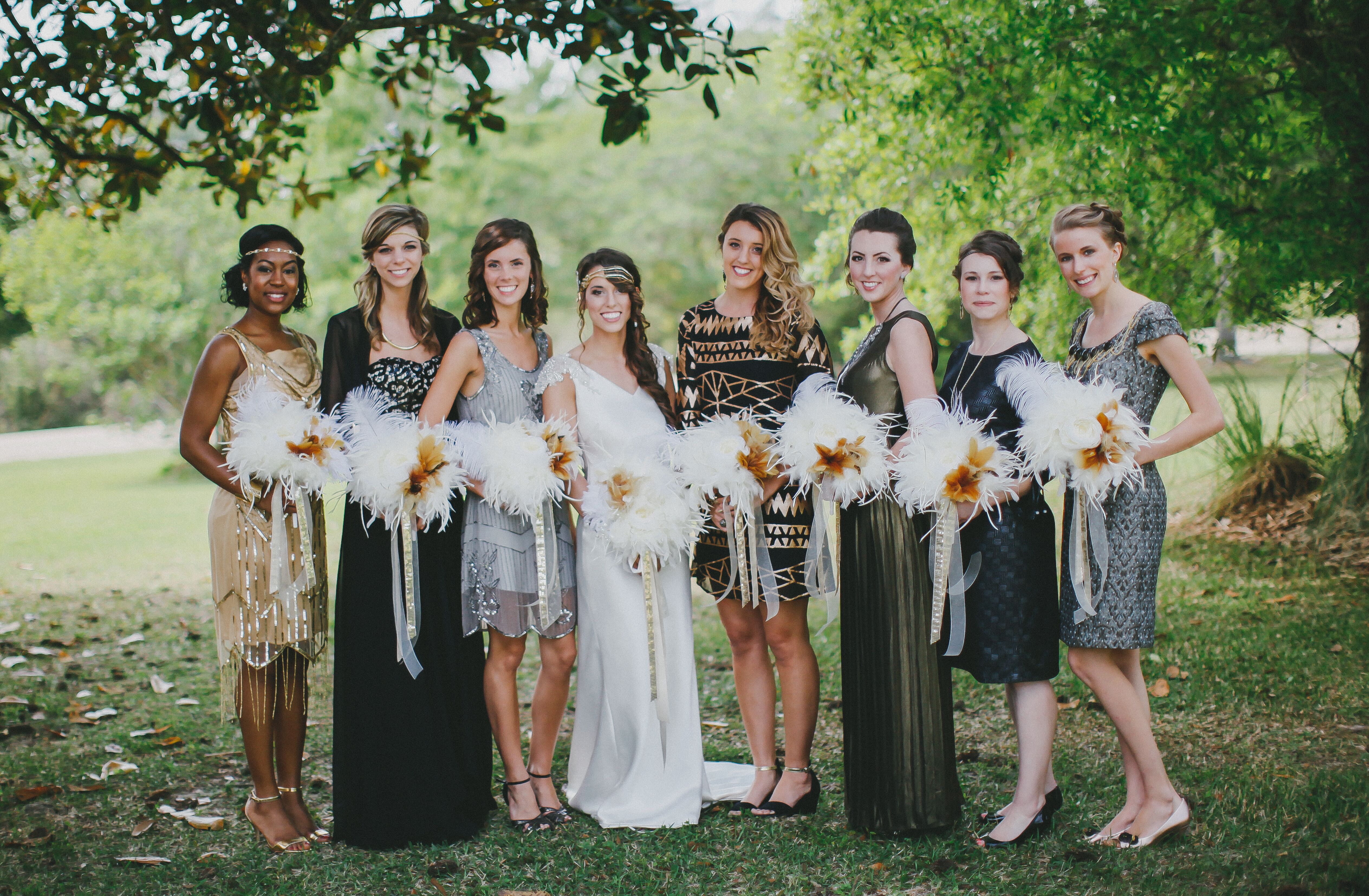 1920s Themed Bridesmaid Dresses With Vintage White Feather Plume Bouquets