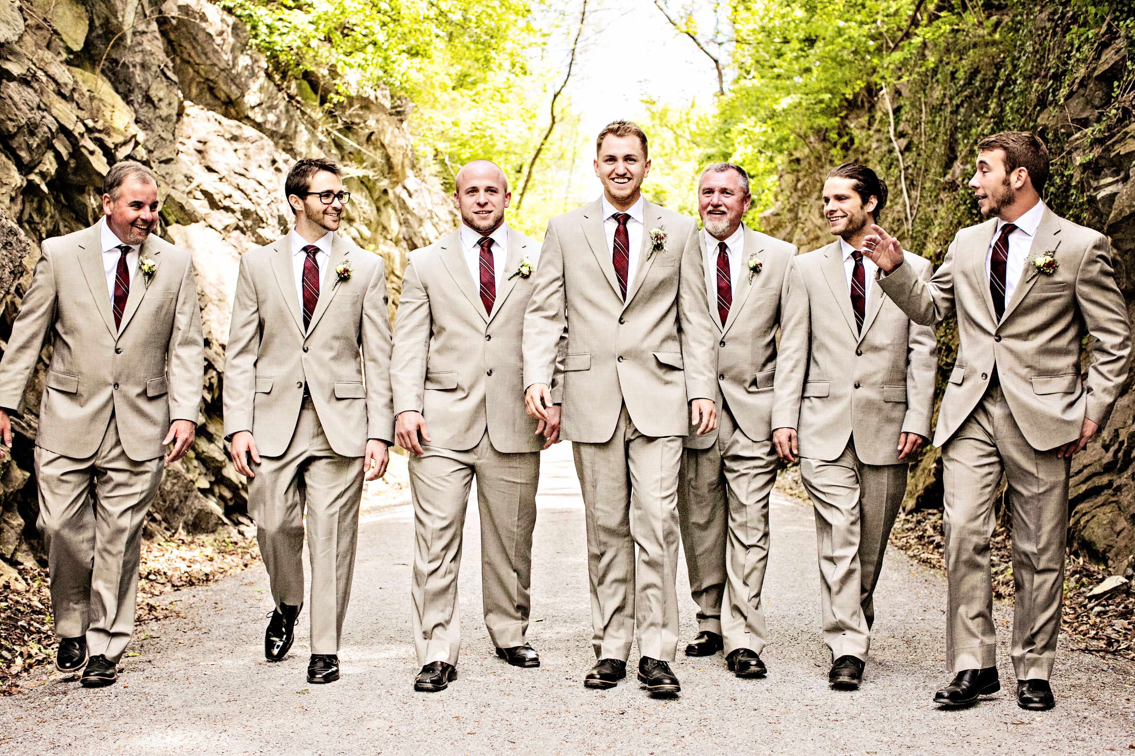 Neutral Groomsmen Suits With Maroon Ties