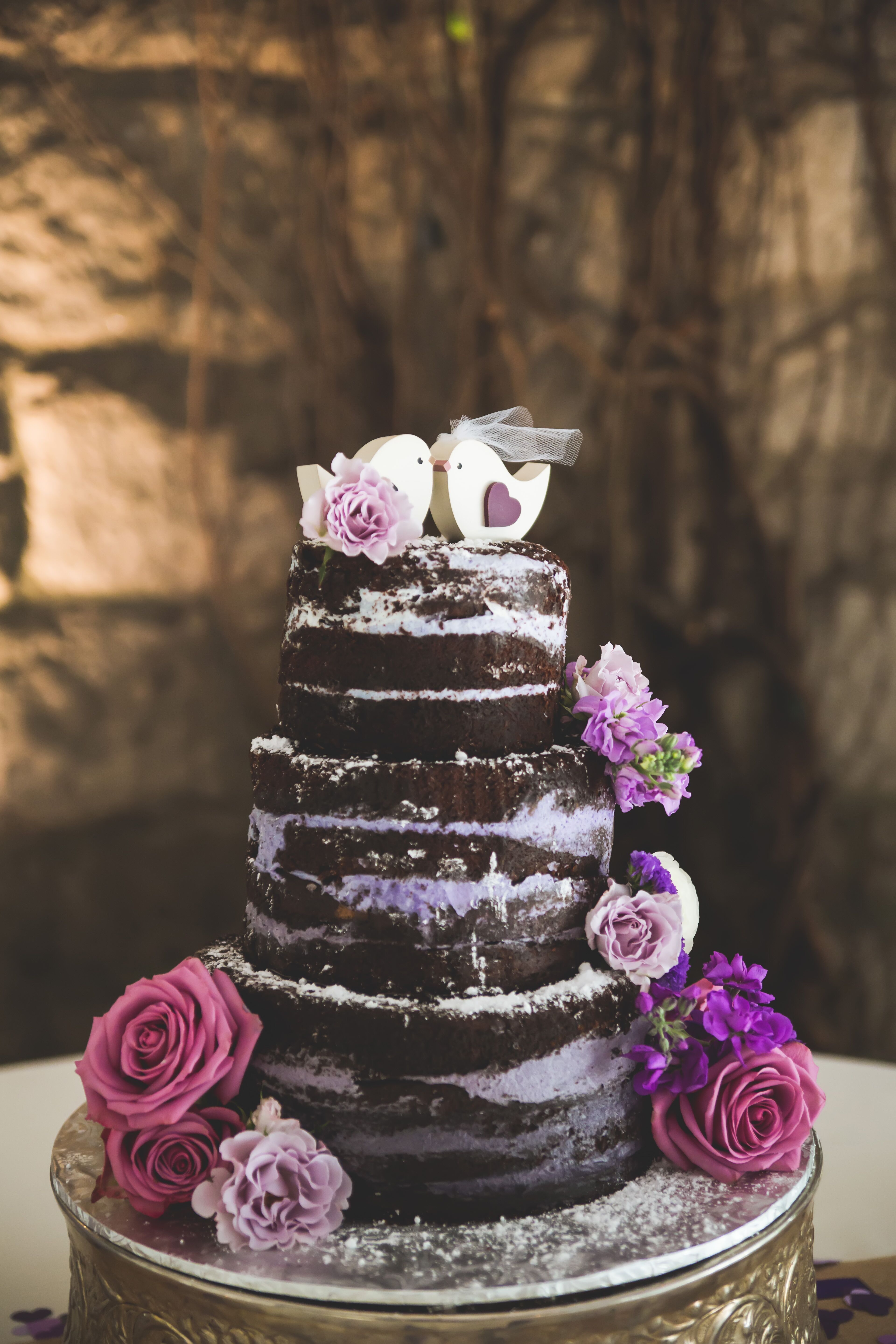 Naked Chocolate Wedding Cake With Purple Filling