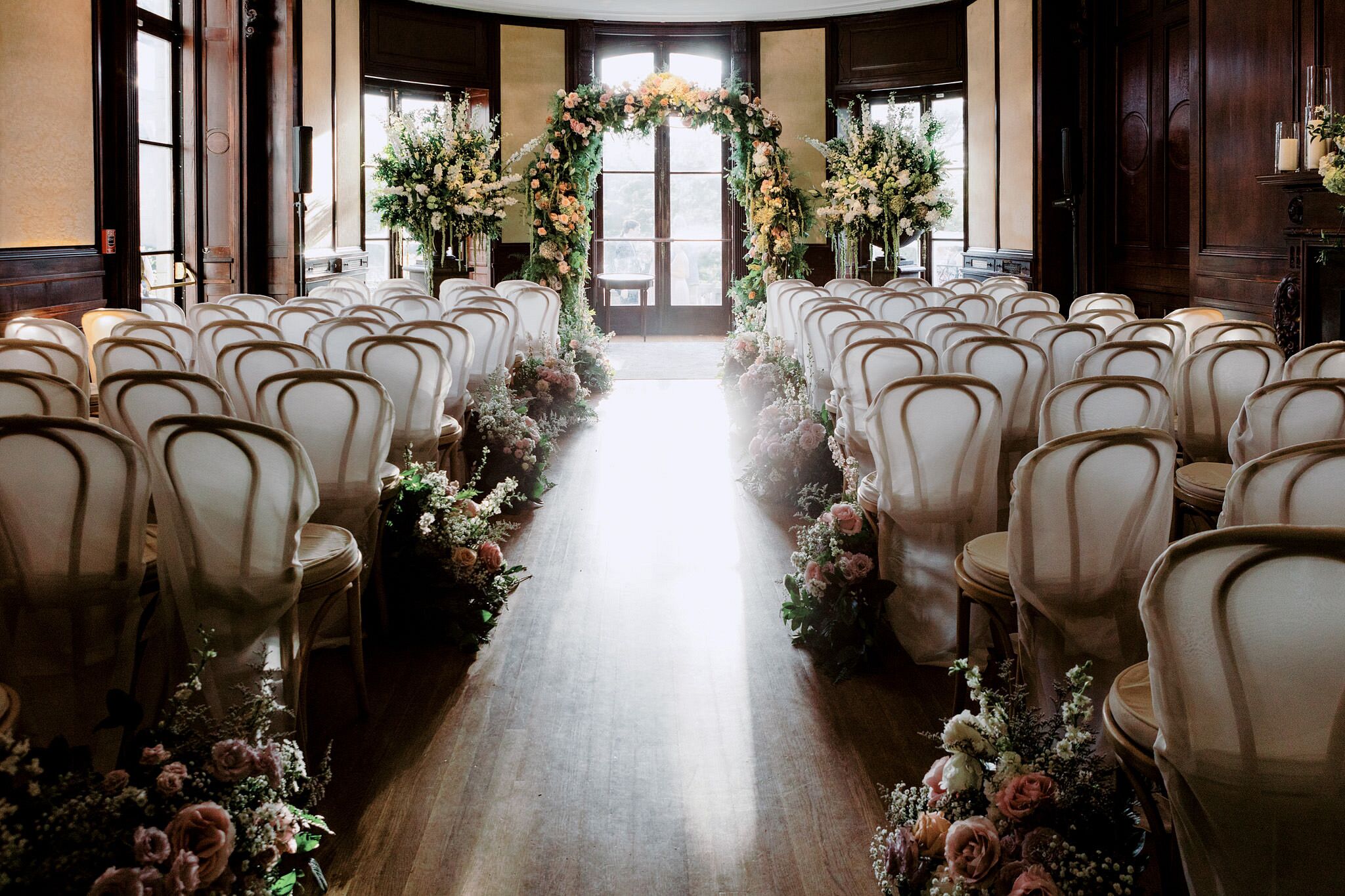 Bentwood Chairs Covered in Sheer Chair Covers for Ceremony at Wave Hill ...