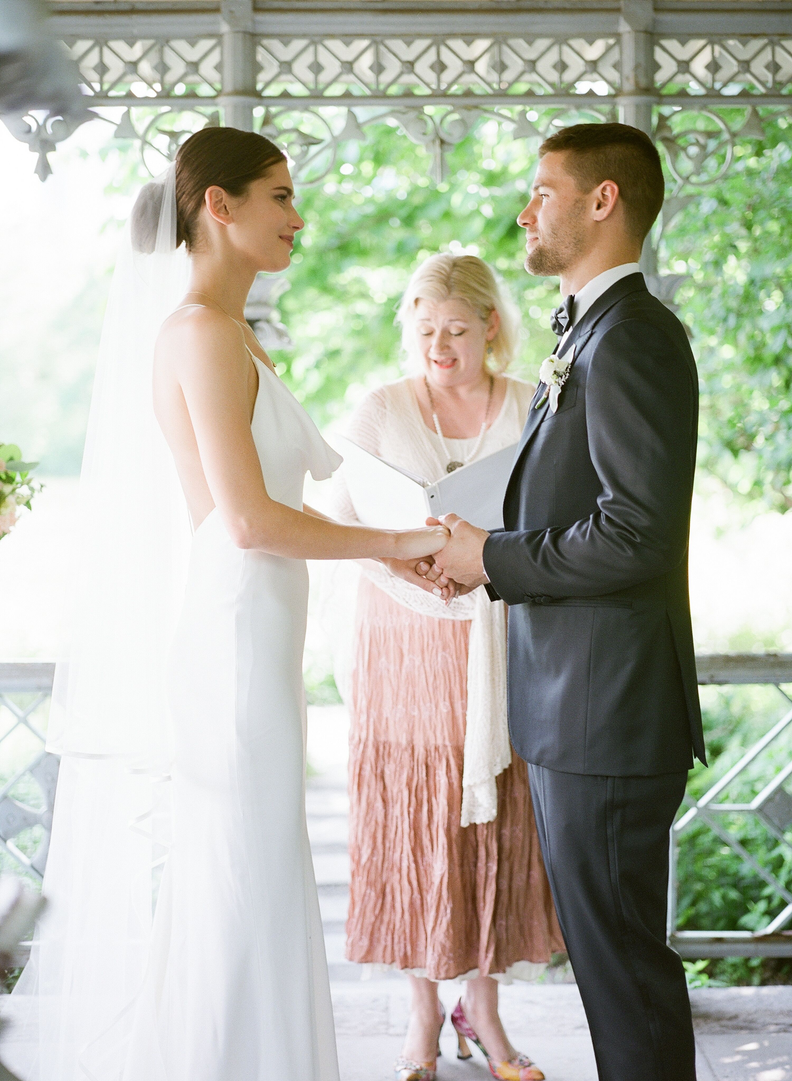 Classic Bride, Groom And Officiant At Central Park Wedding Ceremony