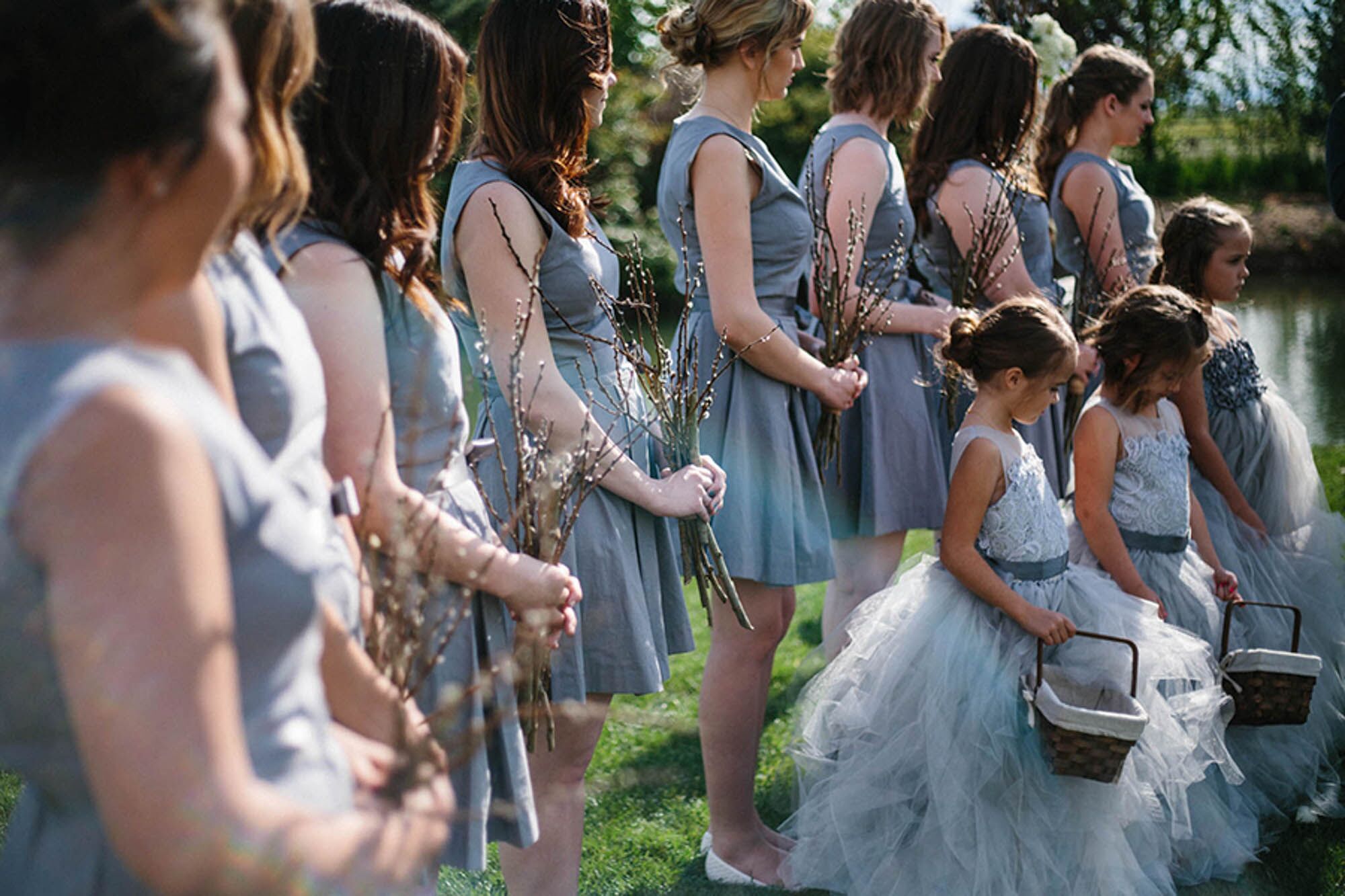 Gray Bridesmaid Dresses, Twig Bouquets