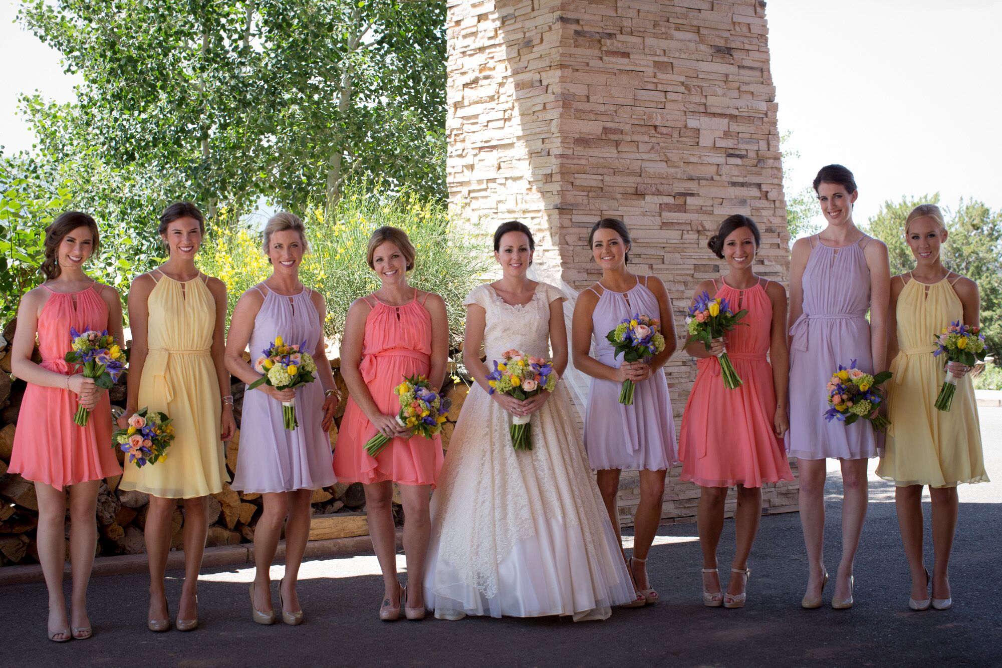 Coral Canary and Iris Bridesmaids Dresses