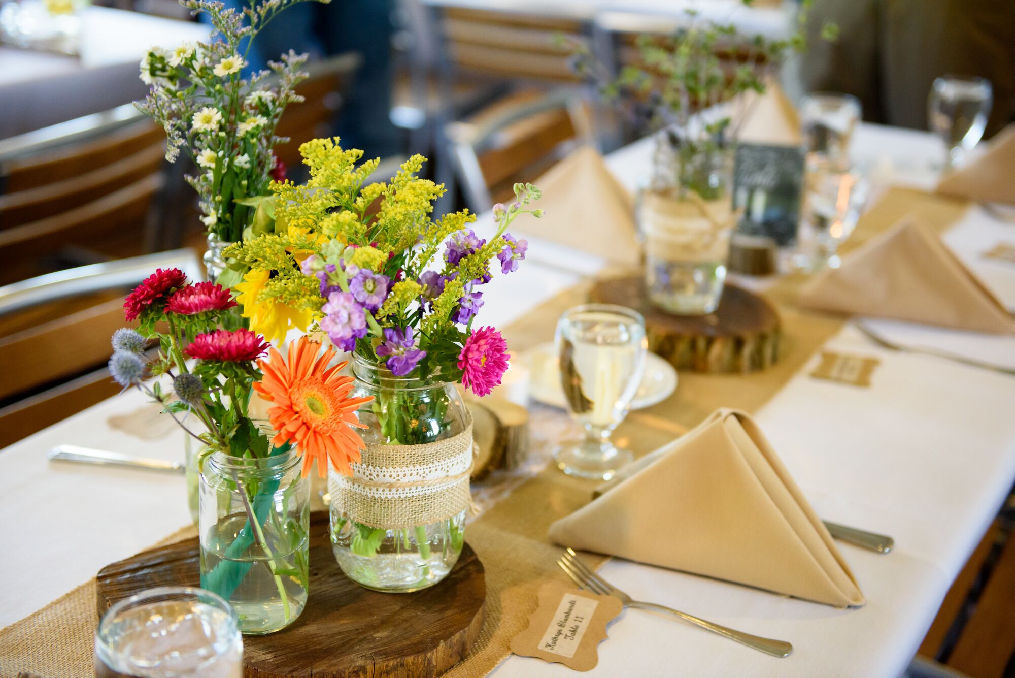 Rustic Wood and Wildflower Wedding Reception Centerpieces