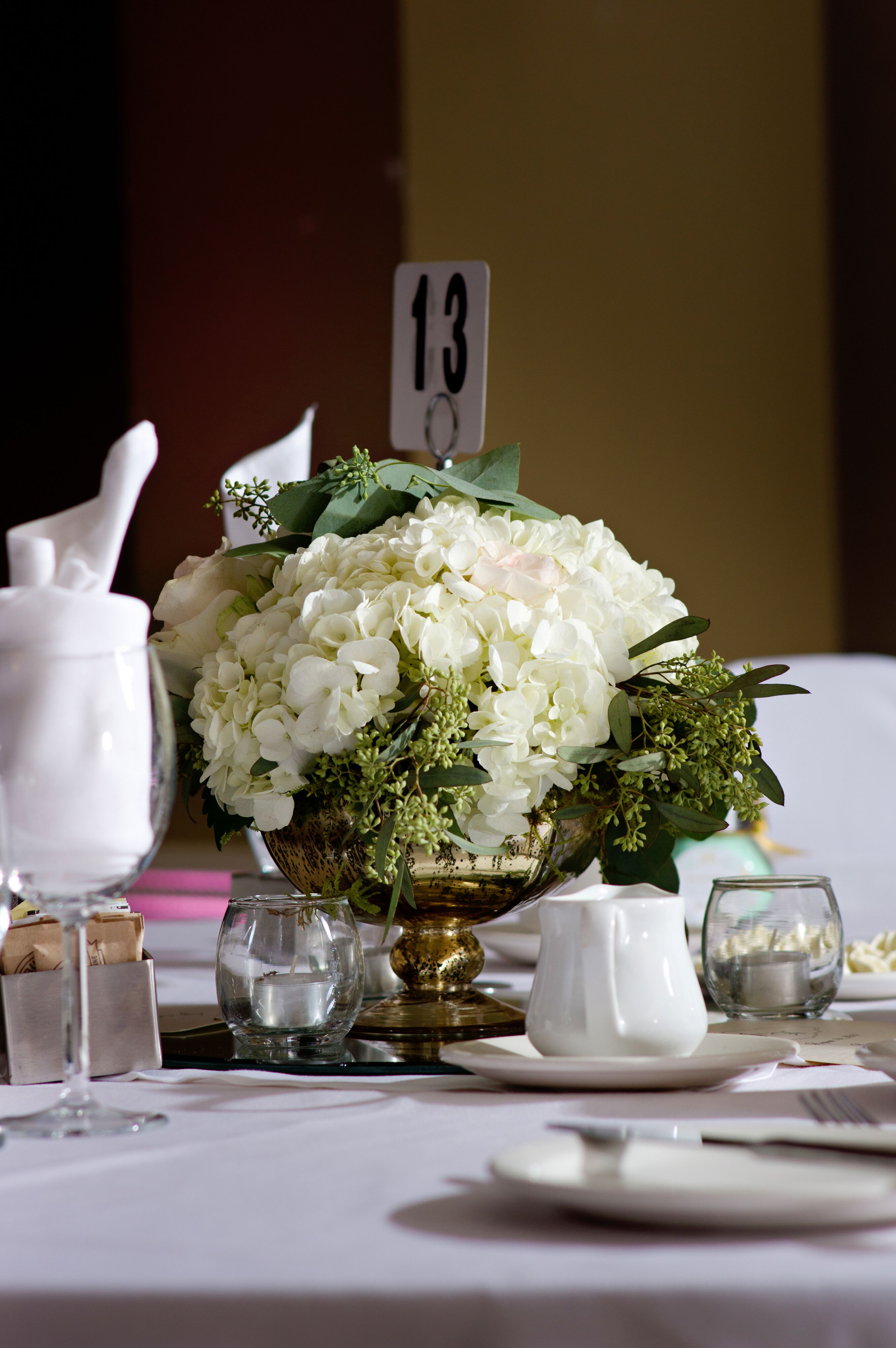 White Hydrangea and Seeded Eucalyptus Centerpiece