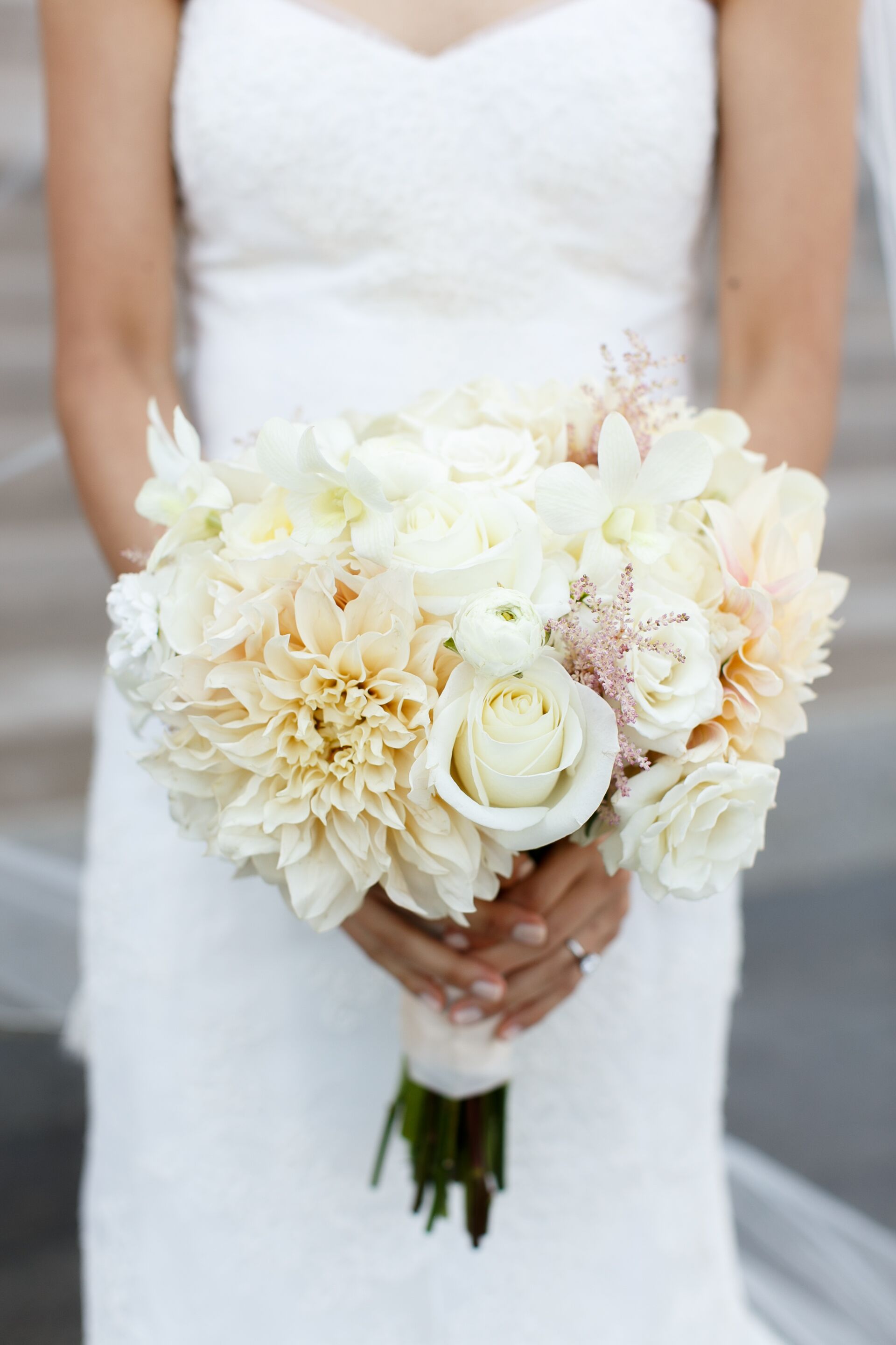 White and Blush Dahlia and Rose Wedding Bouquet