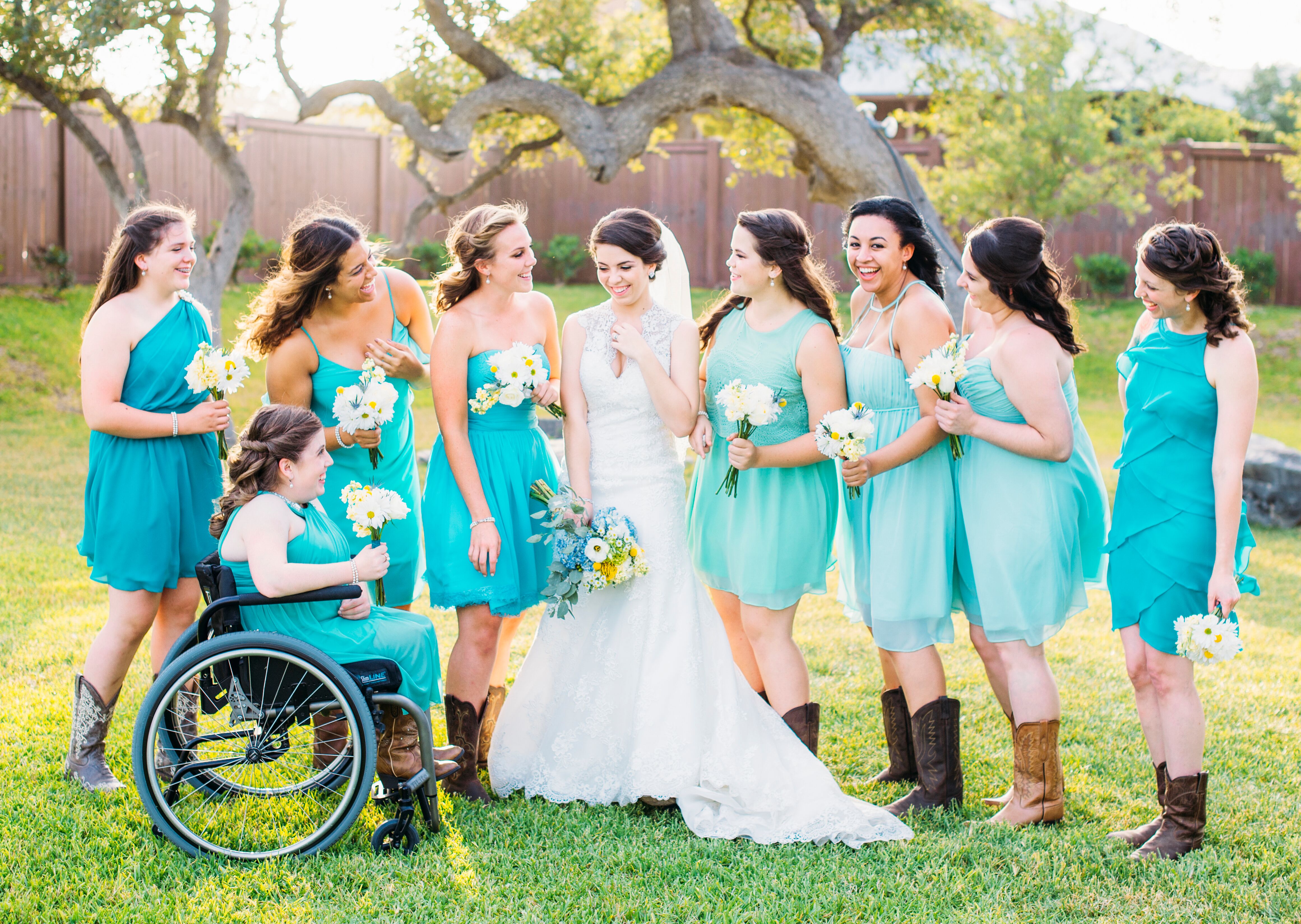 teal bridesmaid dresses with cowboy boots