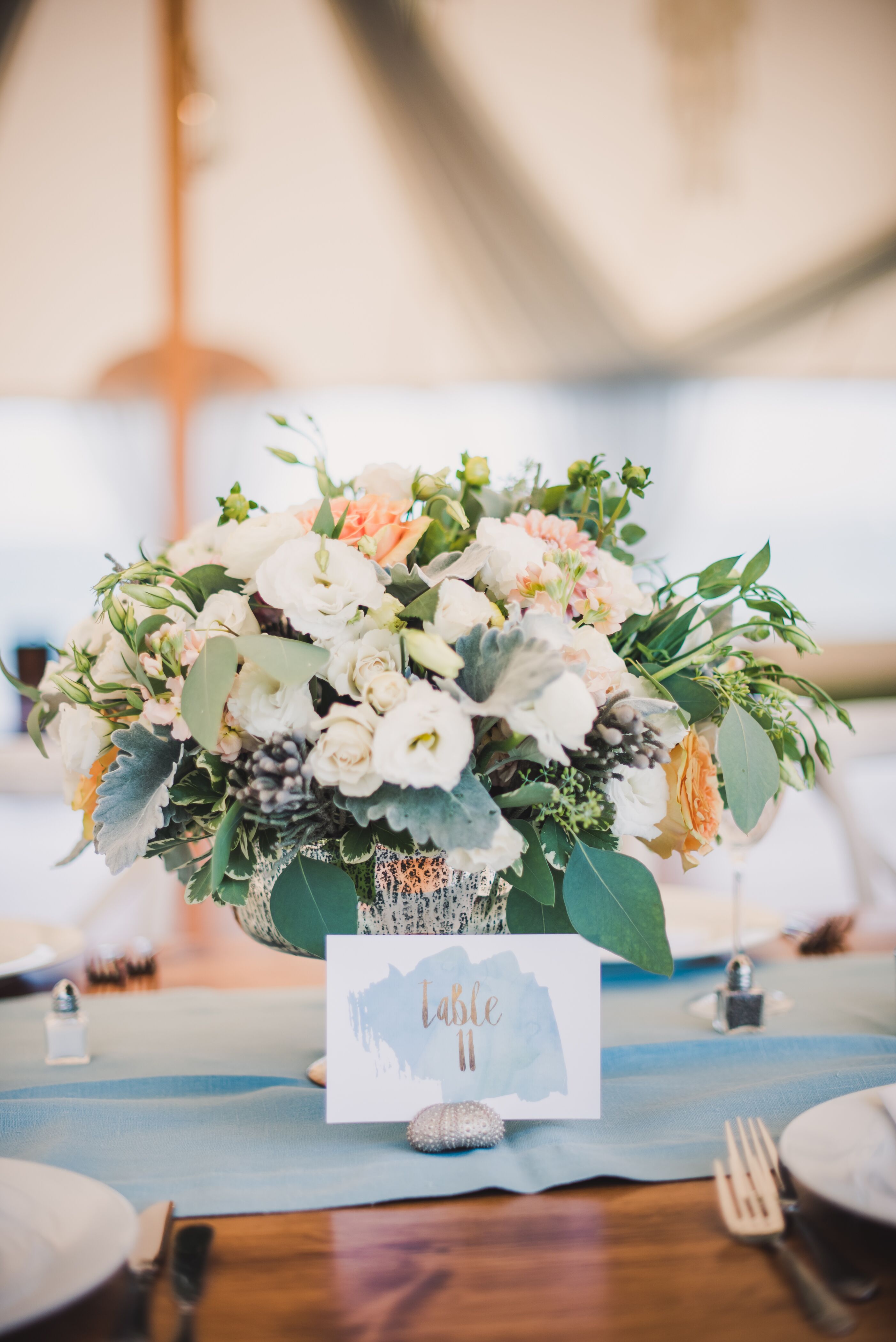 Modern Watercolor Table Numbers with Seashell Holder