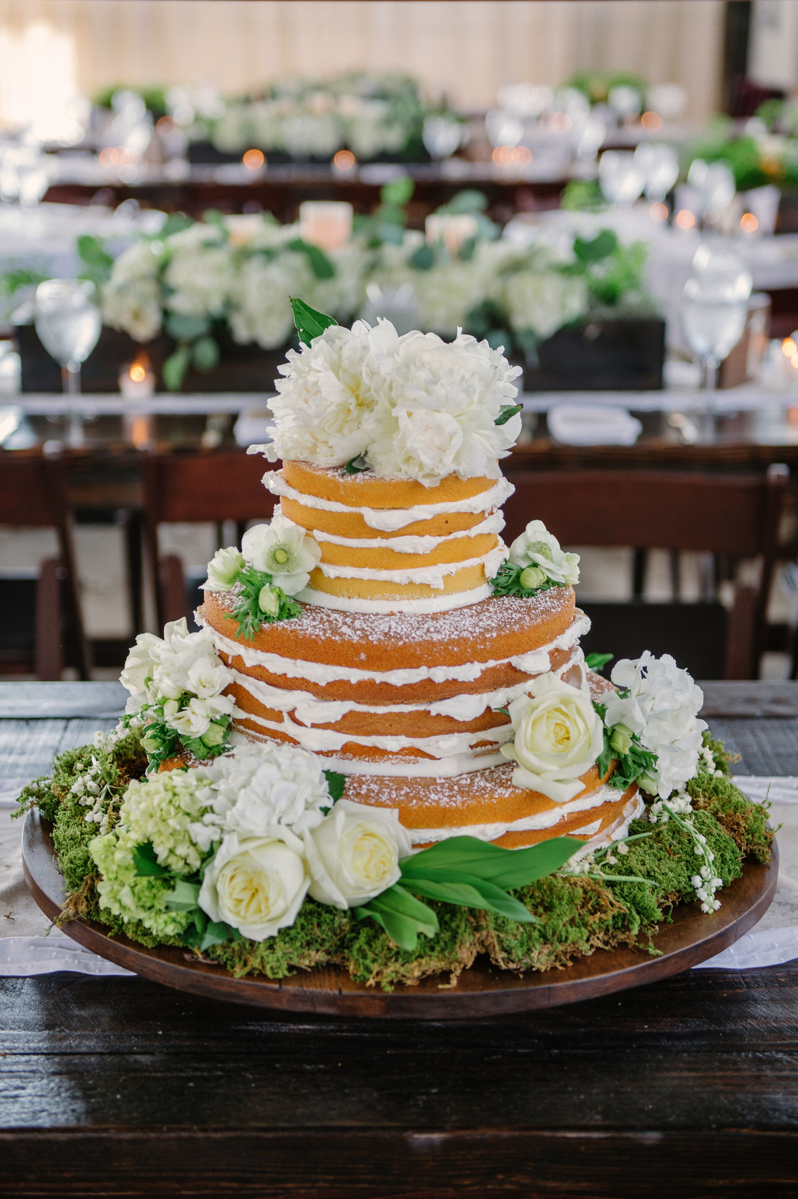 Vanilla Naked Cake with Roses and Moss