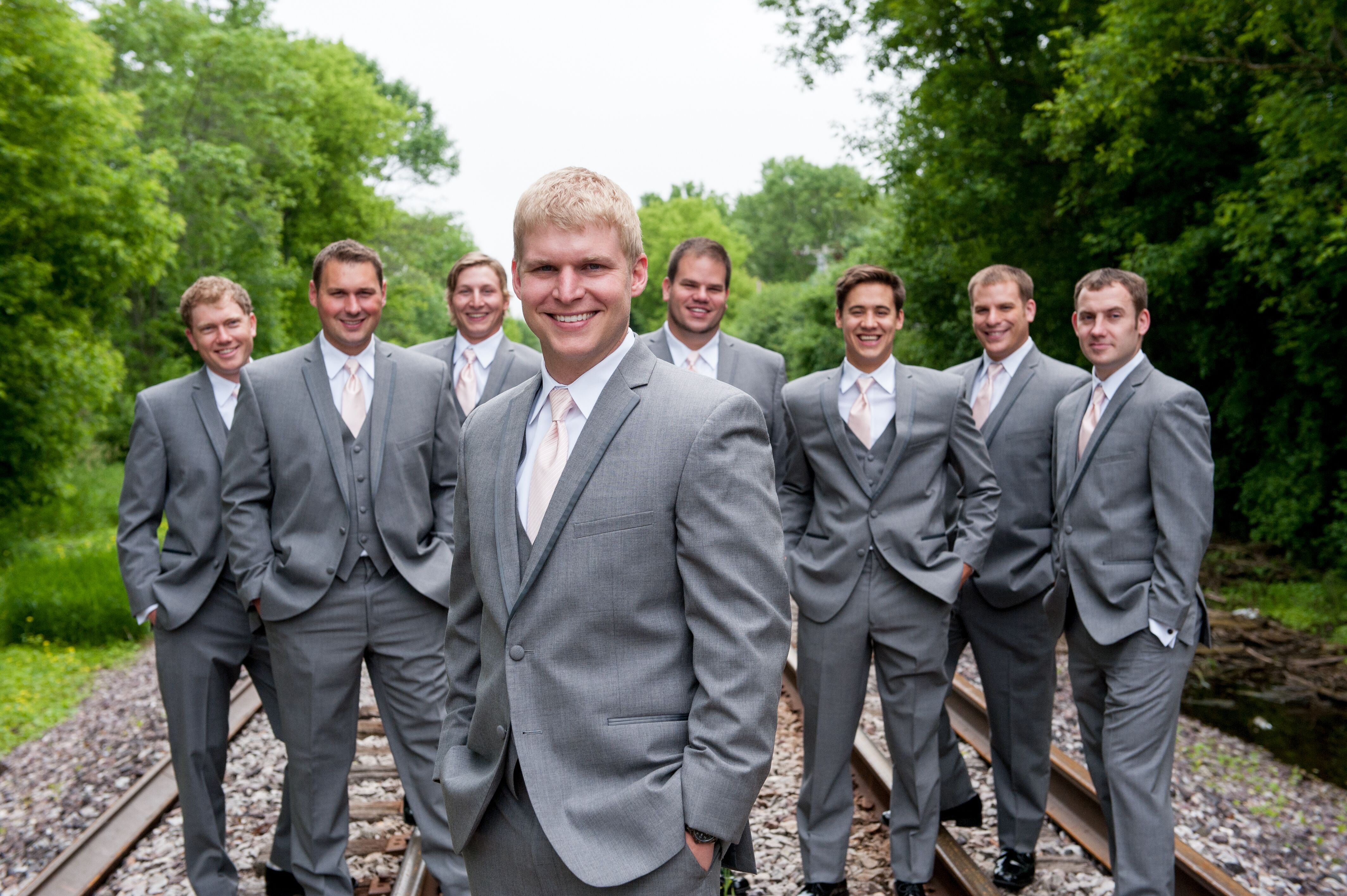 grey and blush groomsmen